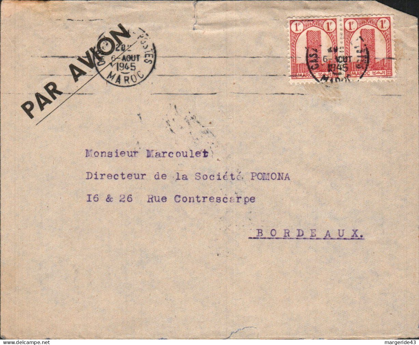 MAROC PAIRE SUR LETTRE A EN TETE POUR LA FRANCE 1945 - Lettres & Documents