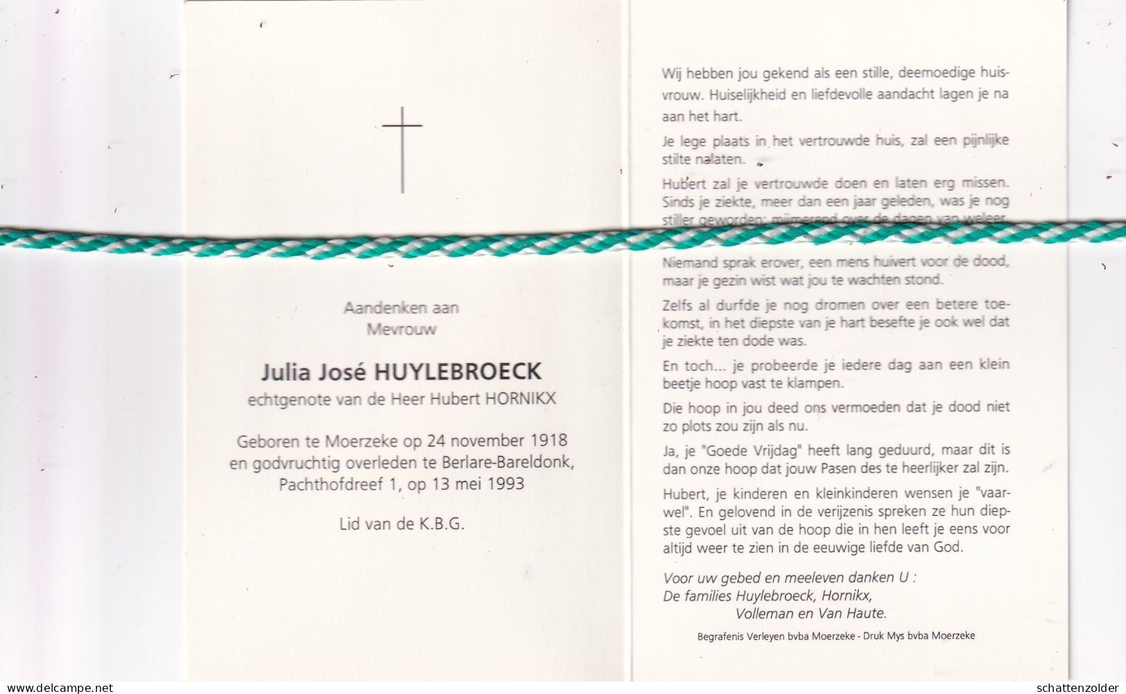 Julia José Huylebroeck-Hornikx, Moerzeke 1918, Berlare-Bareldonk 1993. Foto - Todesanzeige