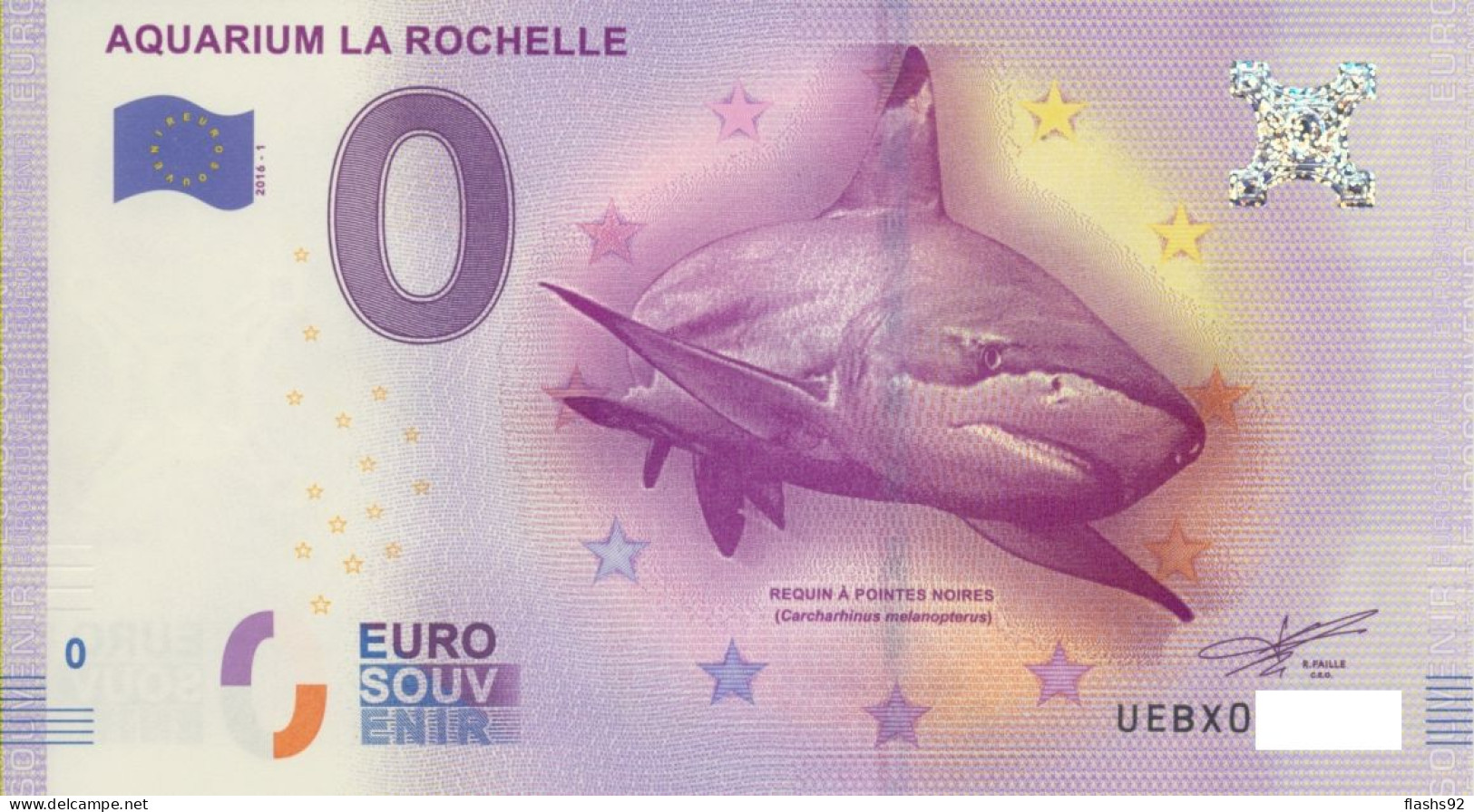 Vends Billet Souvenir Touristique 0€ Aquarium La Rochelle 2016-1 UEBX Requin à Pointes Noires - Autres & Non Classés