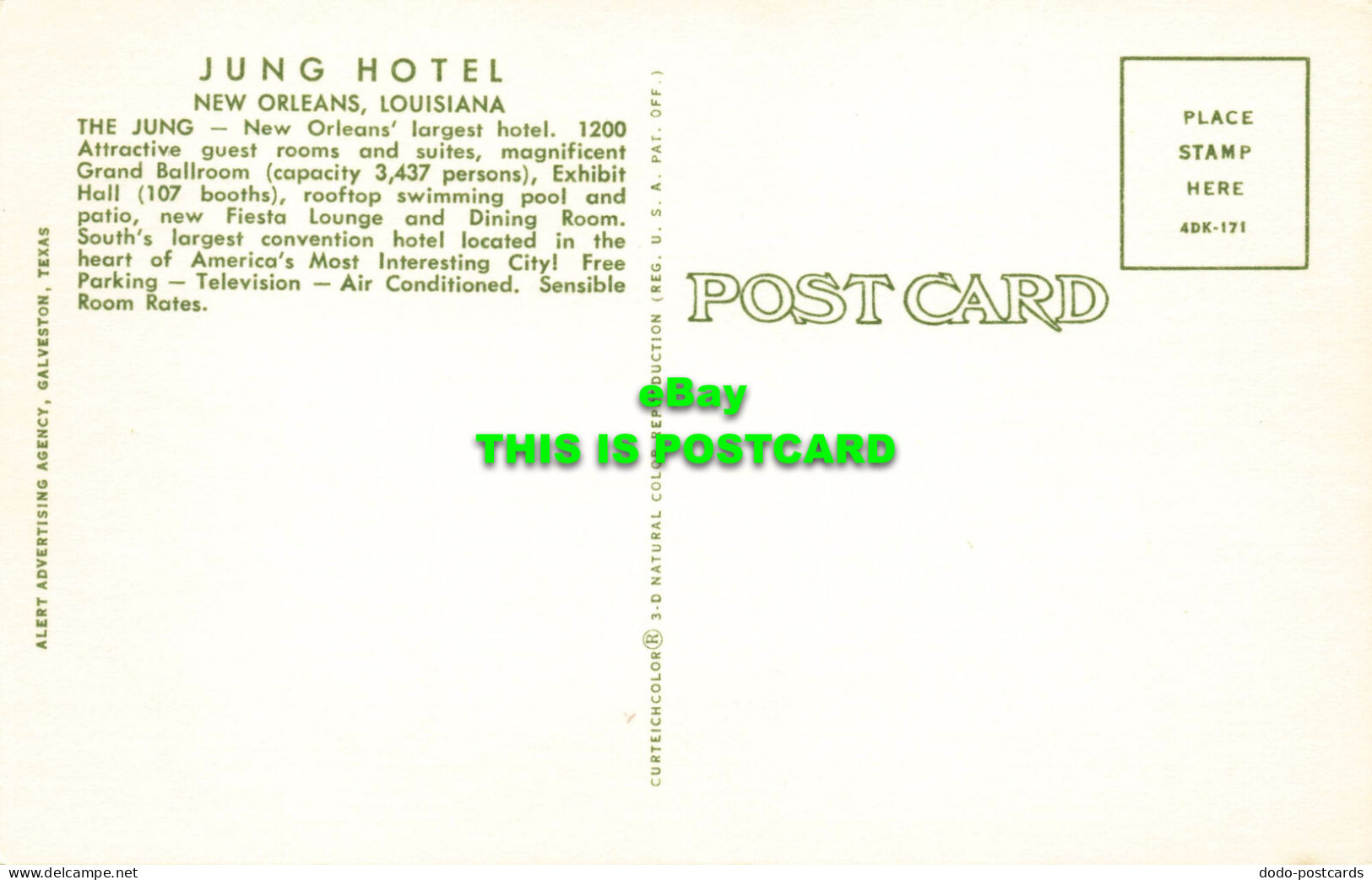 R571822 Jung Hotel. New Orleans. Louisiana. Alert Advertising Agency. Curteichco - World