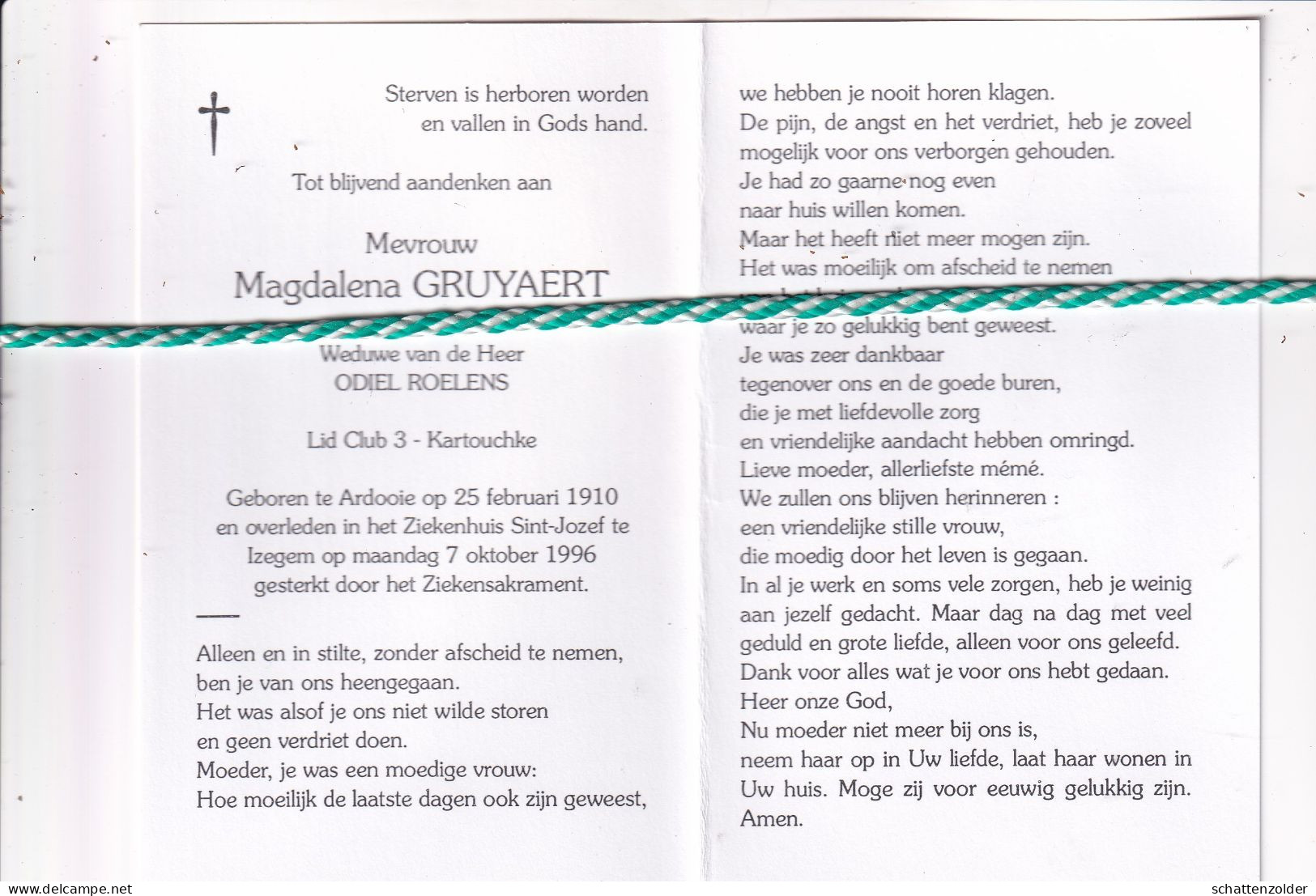 Magdalena Gruyaert-Roelens, Ardooie 1910, Izegem 1996. Foto - Obituary Notices