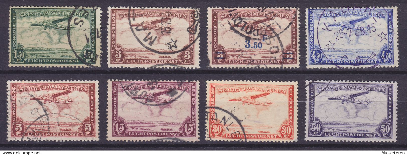 Belgian Congo 1934/36 Mi. 149-55, 164 Flugzeug Fokker F VII über Dem Kongo, Incl. Deluxe KABARE Cancel - Used Stamps