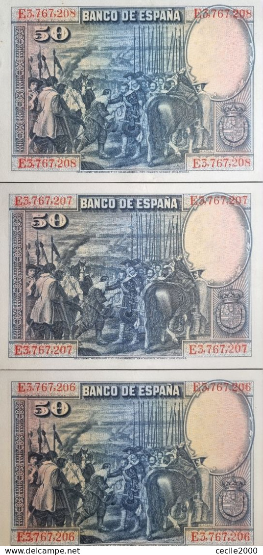 SEQUENTIAL NUMBER SPAIN BANKNOTE 50 PESETAS 1928 UNCIRCULATED UNC/aUNC BILLETE ESPAÑA TRIO*COMPRAS MULTIPLES CONSULTAR* - 100 Peseten