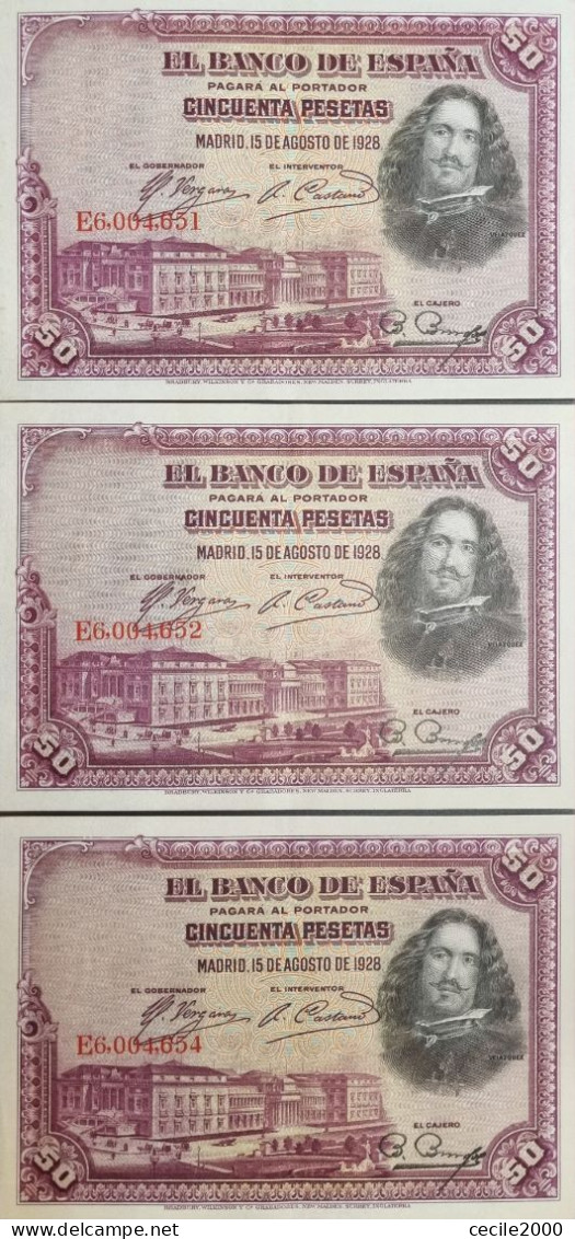 SEQUENTIAL NUMBER+NEAR SPAIN BANKNOTE 50 PESETAS 1928 AUNC BILLETE ESPAÑA TRIO*COMPRAS MULTIPLES CONSULTAR* - 100 Pesetas