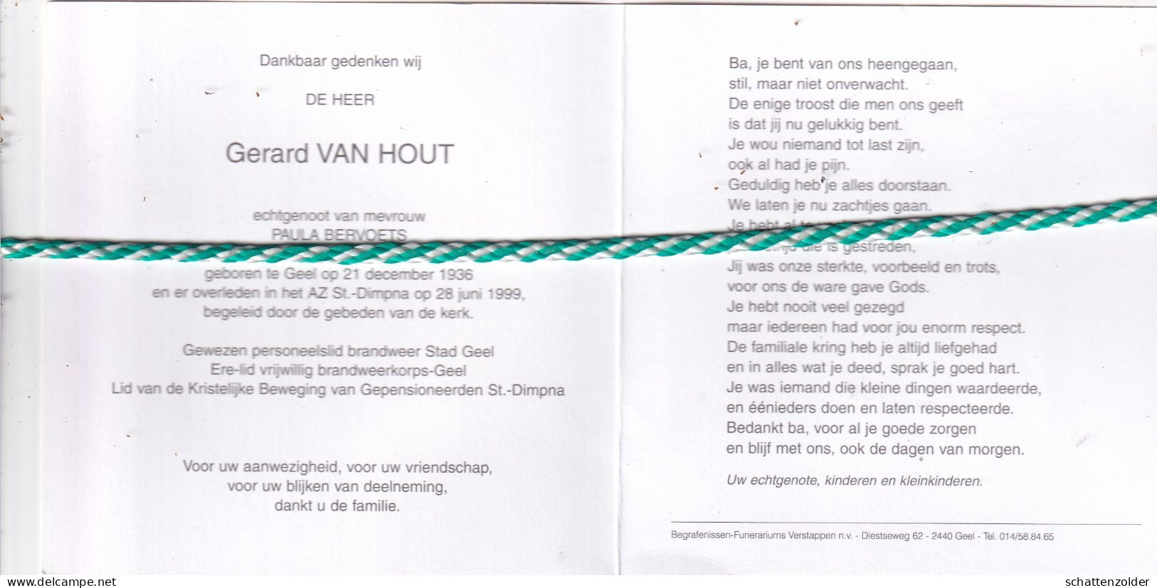 Gerard Van Hout-Bervoets, Geel 1936, 1999. Foto Brandweerman - Décès