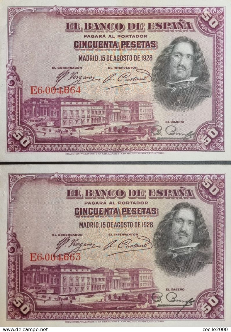 SEQUENTIAL NUMBER SPAIN BANKNOTE 50 PESETAS 1928 AUNC BILLETE ESPAÑA PAREJA *COMPRAS MULTIPLES CONSULTAR* - 100 Pesetas