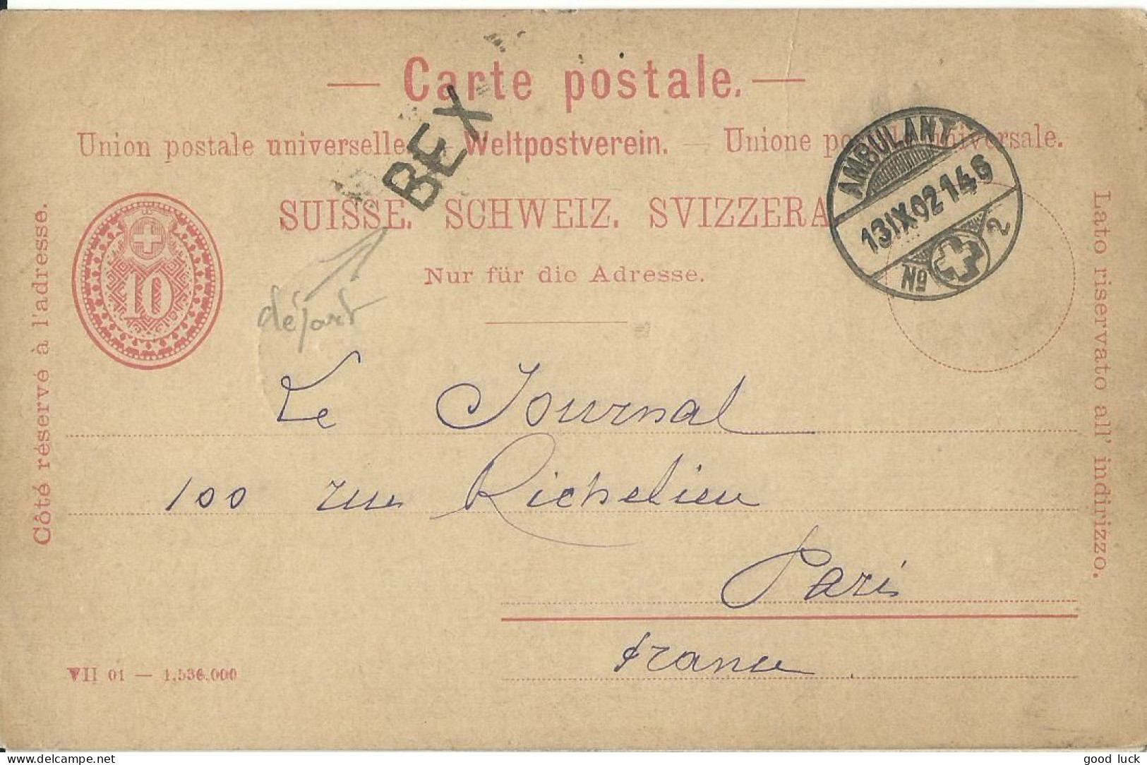 SUISSE  CARTE 10c  MARQUE LINEAIRE BEX + AMBULANT N° 2 POUR PARIS  DE 1902 LETTRE COVER - Brieven En Documenten