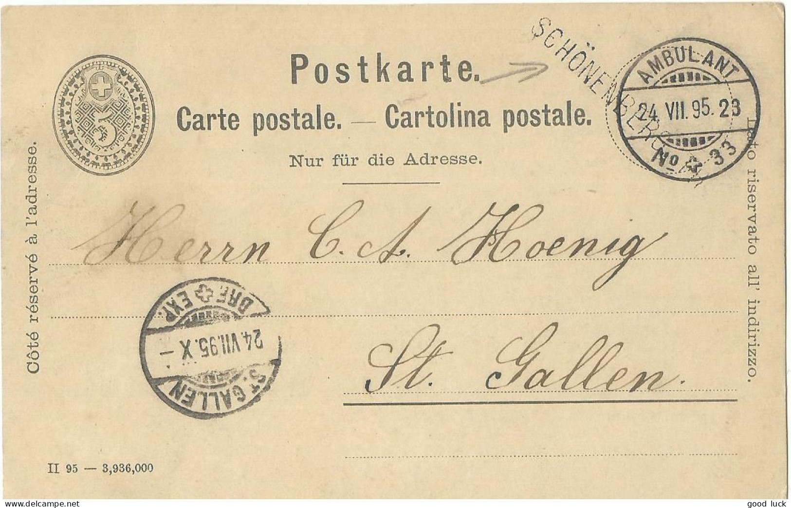 SUISSE  CARTE 5c  MARQUE LINEAIRE SCHONENBERG + AMBULANT N° 33 POUR ST GALLEN  DE 1895 LETTRE COVER - Brieven En Documenten