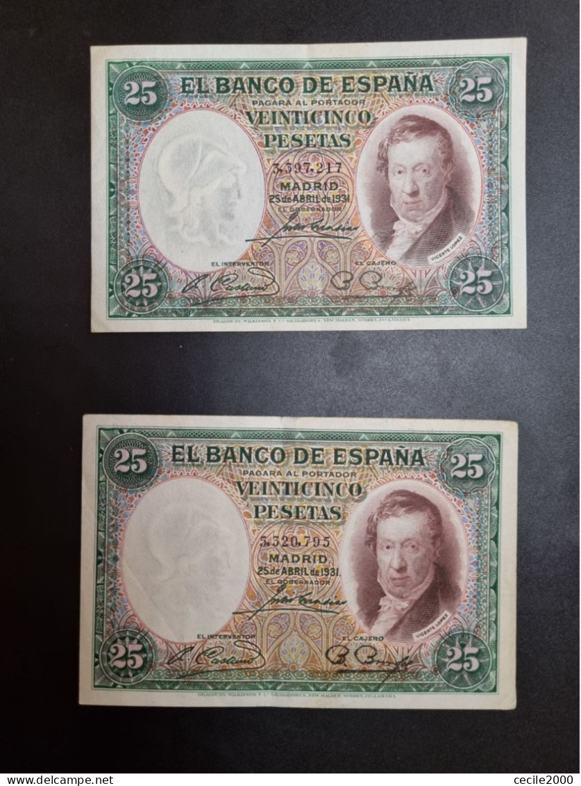 SPAIN BANKNOTE LOT 25 PESETAS 1931 AUNC/XF BILLETE ESPAÑA LOTE 2 BILLETES *COMPRAS MULTIPLES CONSULTAR* - 1-2-5-25 Pesetas