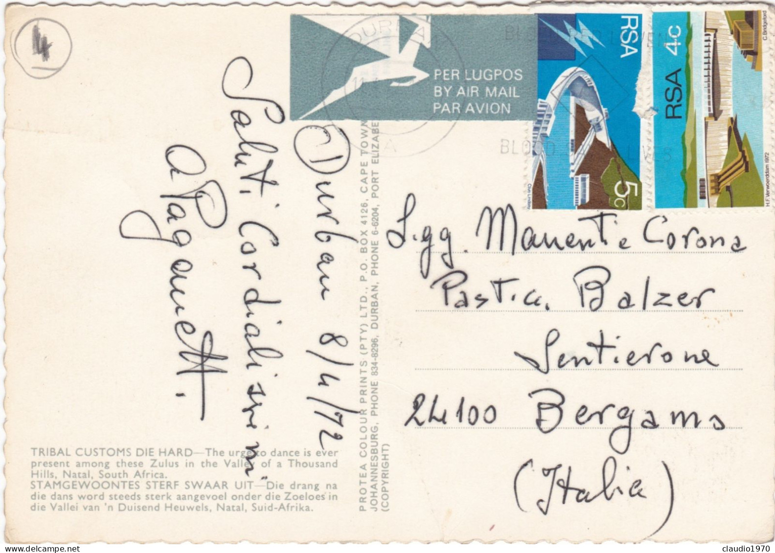 SUD AFRICA - CARTOLINA - TRIBAL CUSTOMS DIE HARD - VG. PER BERGAMO - 1972 - Südafrika