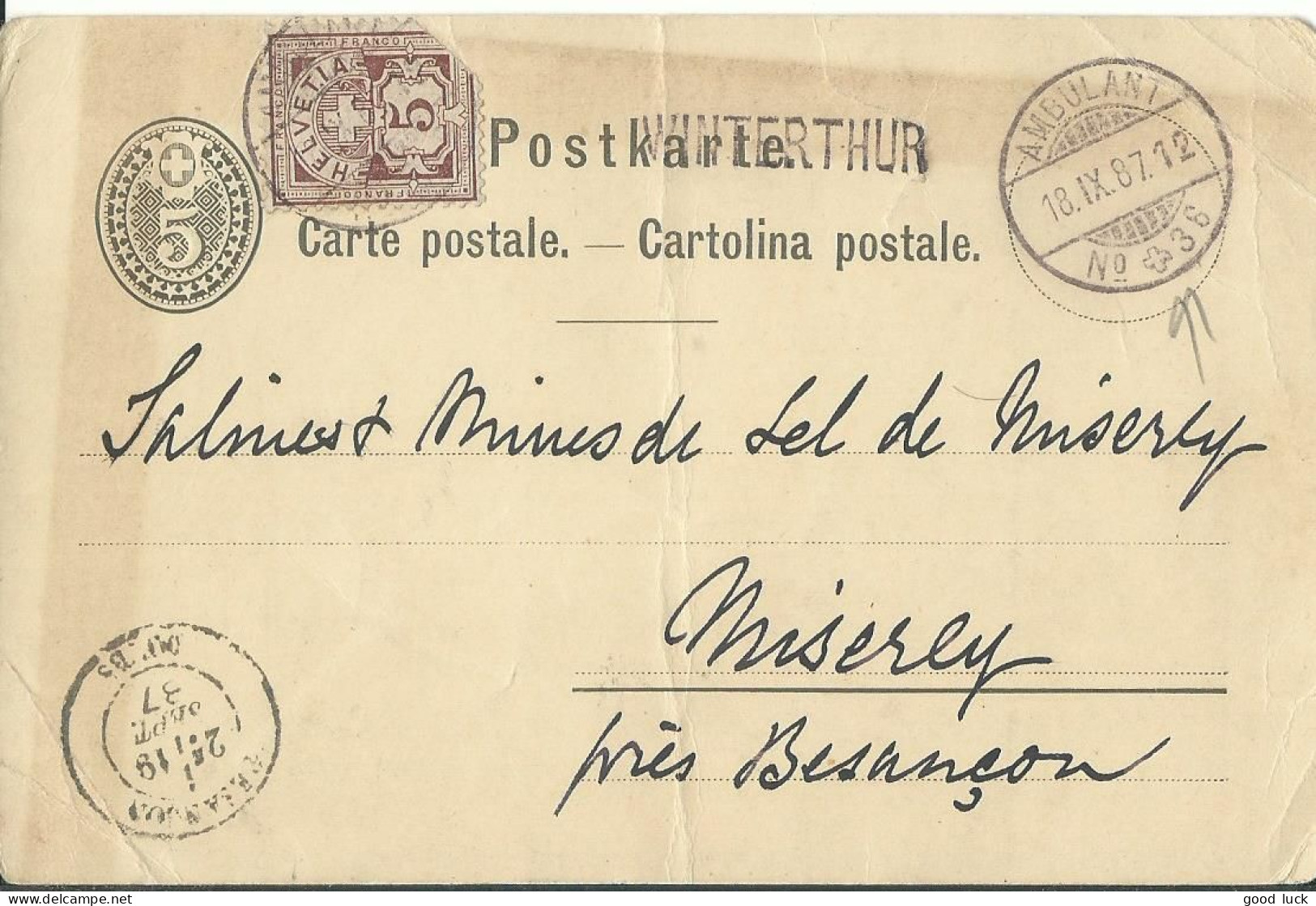 SUISSE  CARTE 10c  MARQUE LINEAIRE WINTERTHUR + AMBULANT N° 36 POUR MISEREY ( EURE ) DE 1887 LETTRE COVER - Briefe U. Dokumente