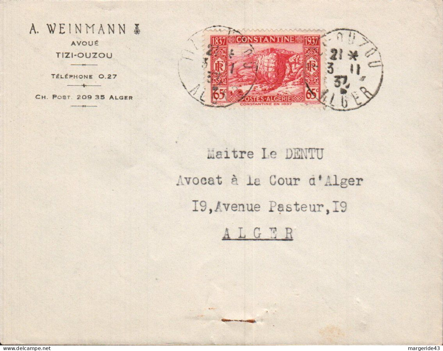 ALGERIE SEUL SUR  LETTRE A EN TETE DE TIZI OUZOU 1937 - Lettres & Documents