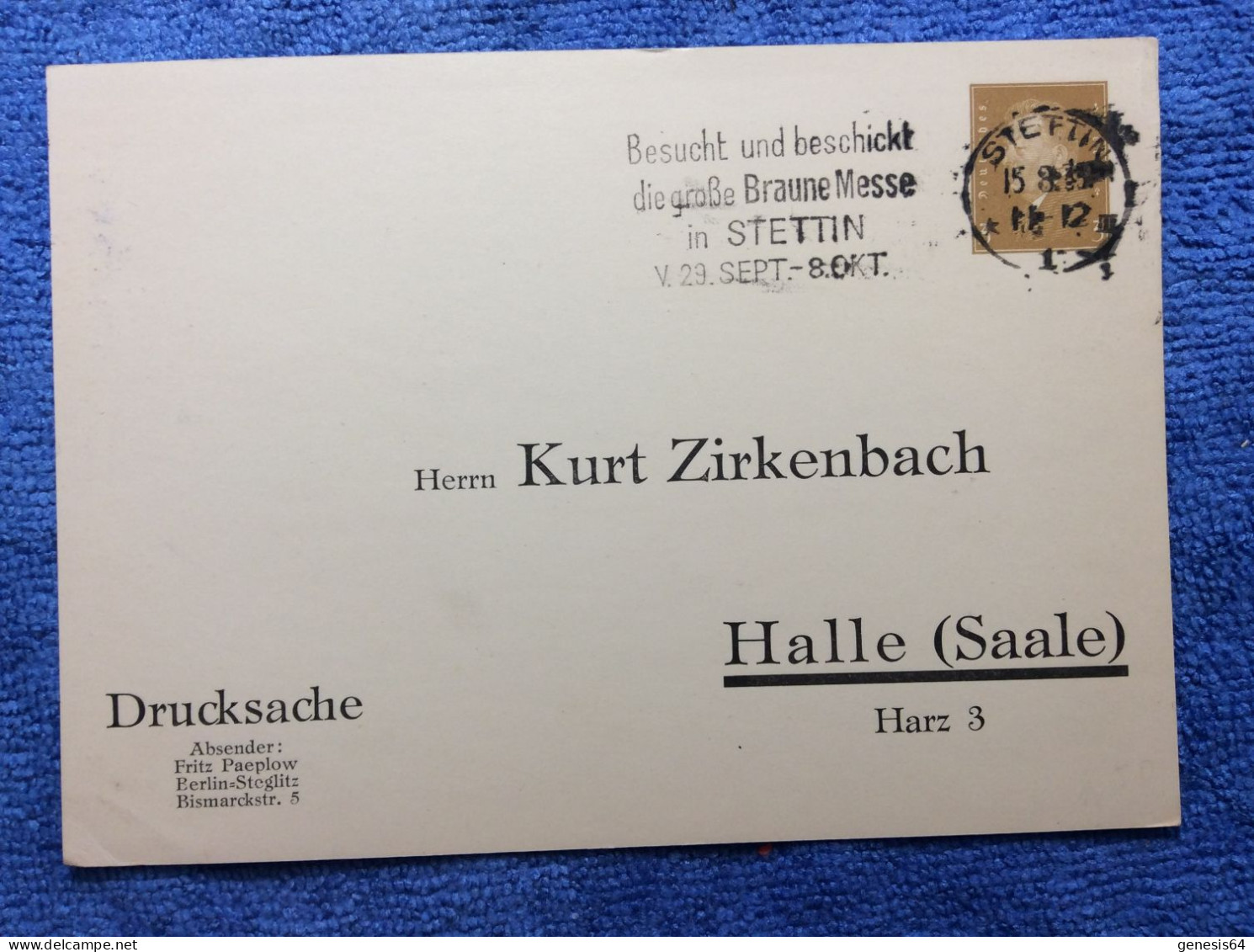Deutsches Reich. Privatganzsache PP 106 B14/07 - Zirkenbach - Karte -Sonderstempel Braune Messe In Stettin (1ZKPVT028) - Privat-Ganzsachen
