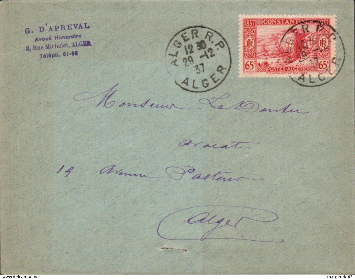 ALGERIE SEUL SUR  LETTRE A EN TETE DE ALGER 1937 - Cartas & Documentos