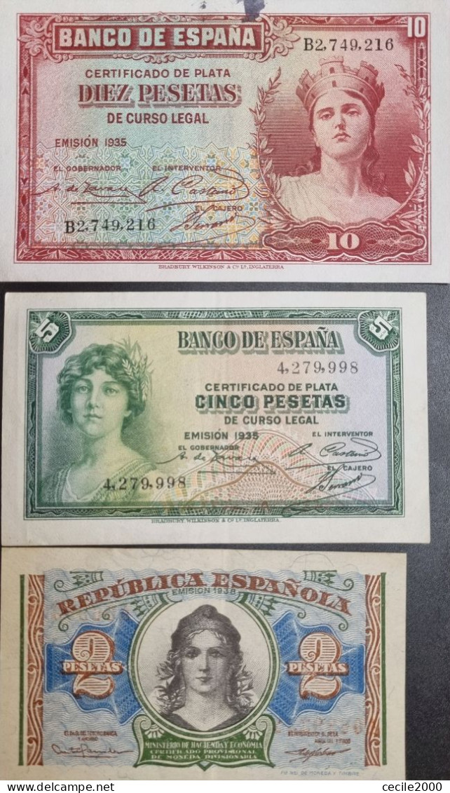 SPAIN BANKNOTE LOT 2,5,10 PESETAS 1935 1938 AUNC+ / BILLETE ESPAÑA LOTE 3 BILLETES *COMPRAS MULTIPLES CONSULTAR* - 1-2-5-25 Peseten