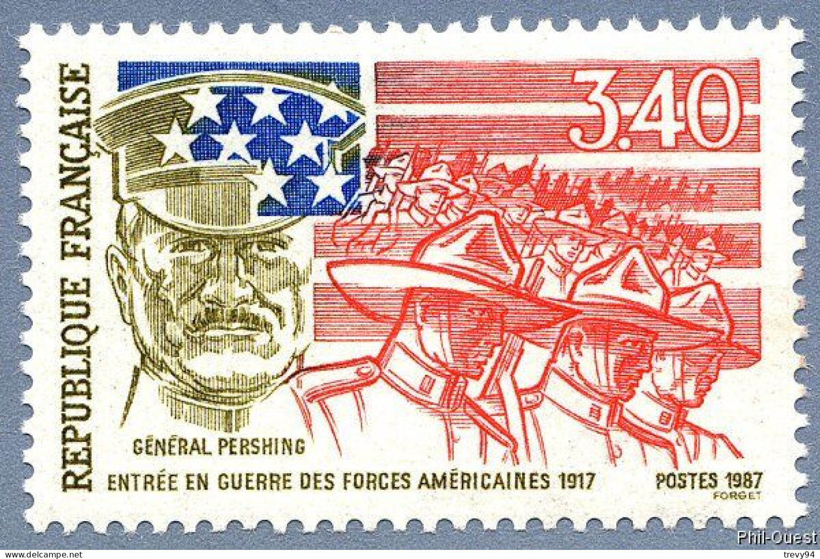 Timbre De 1987 Général Pershing Entrée En Guerre Des Forces Américaines N° 2477 - Neufs