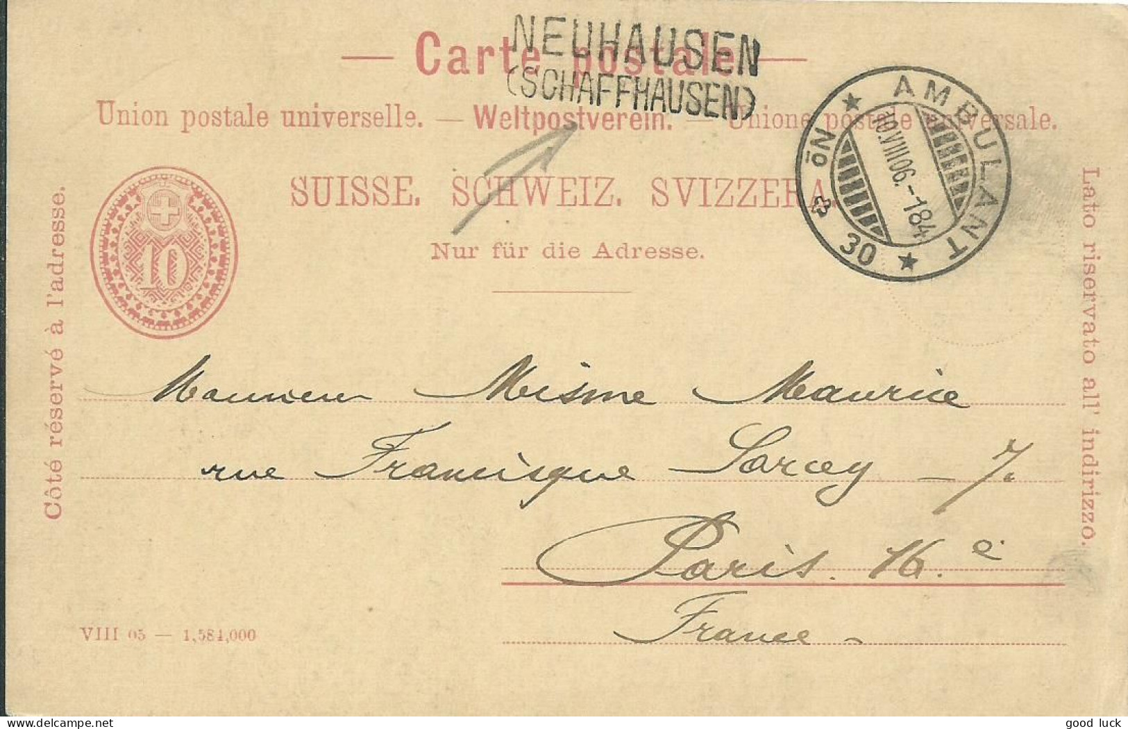 SUISSE  CARTE 10c  MARQUE LINEAIRE NEUHAUSEN + AMBULANT N° 30 POUR PARIS  DE 1906 LETTRE COVER - Briefe U. Dokumente