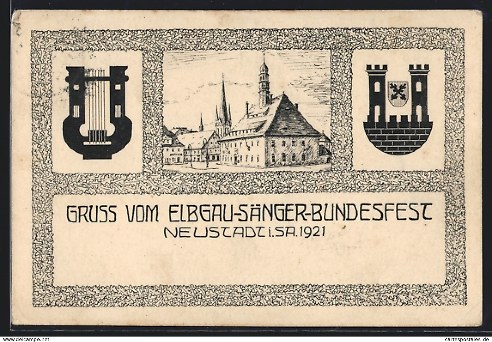 Lithographie Neustadt / Sa., Elbgau-Sänger-Bundesfest 1921, Harfe Und Wappen  - Autres & Non Classés