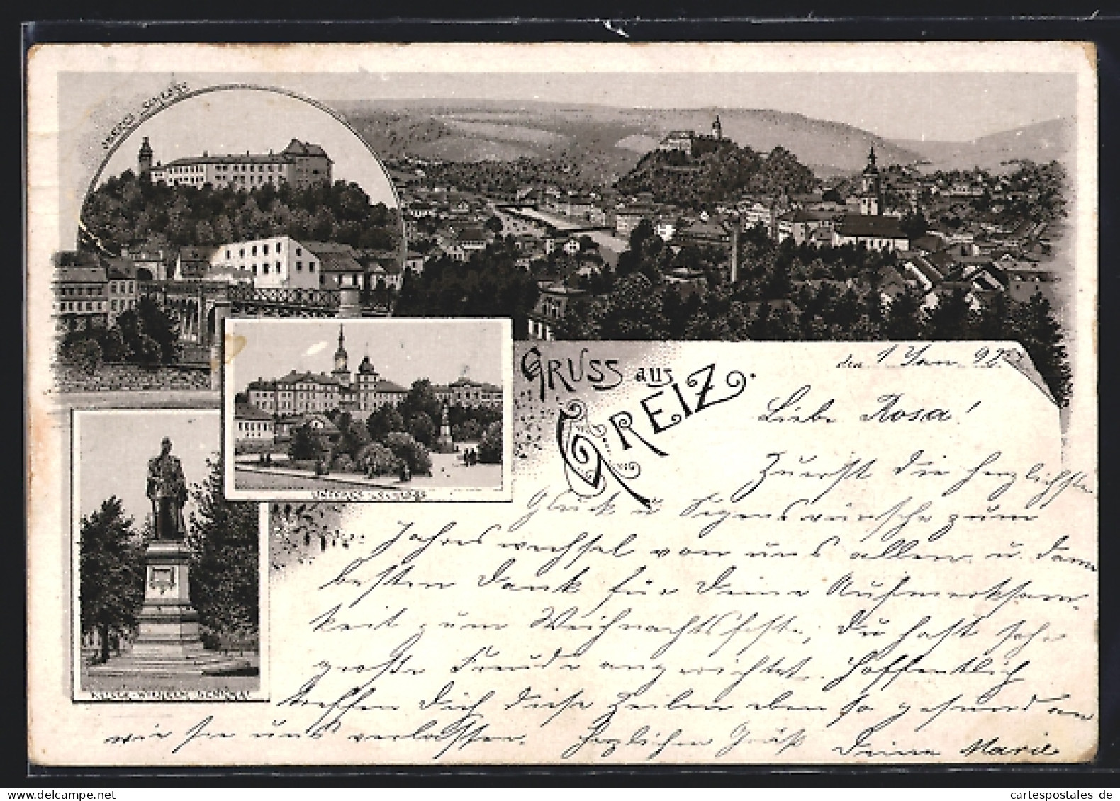 Lithographie Greiz, Unteres Schloss, Oberes Schloss, Kaiser Wilhelm-Denkmal, Ortsansicht  - Greiz