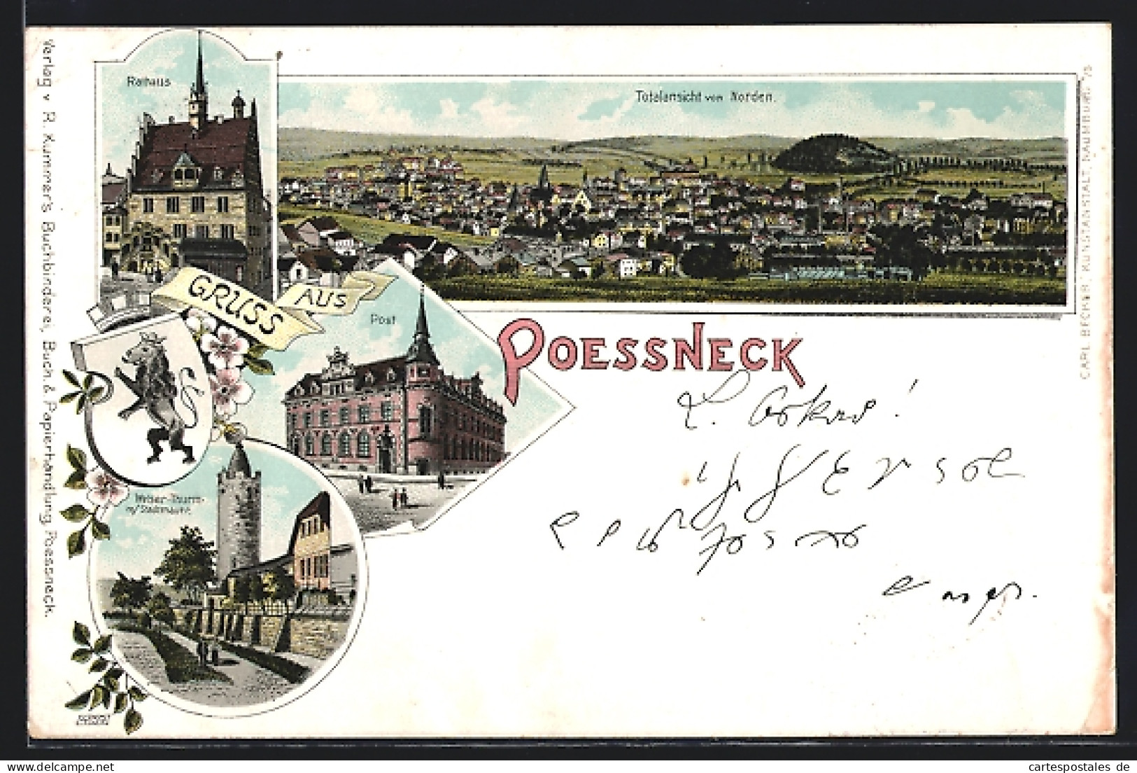 Lithographie Pössneck, Weiser-Thurm Mit Stadtmauer, Rathaus, Totalansicht  - Pössneck