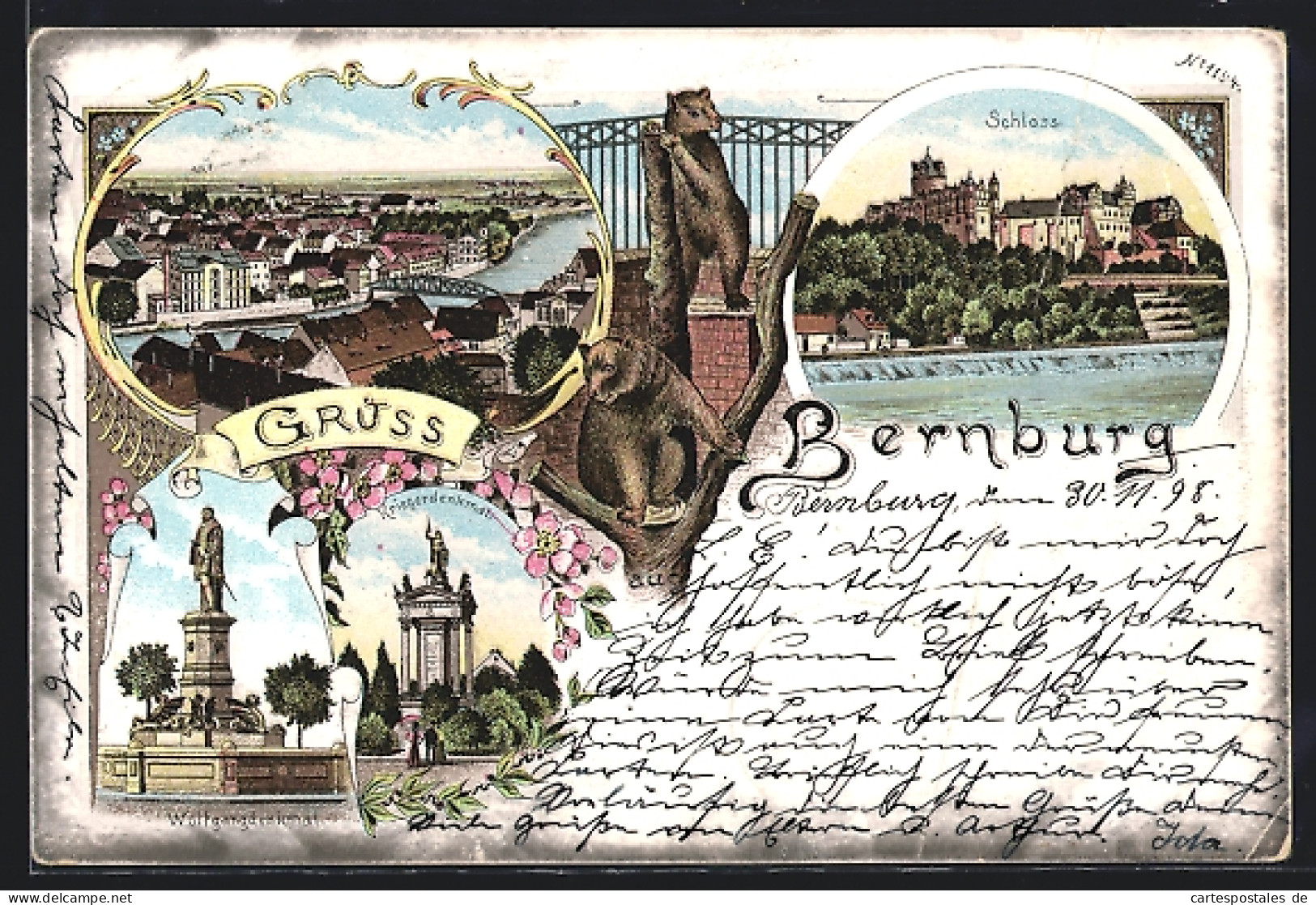 Lithographie Bernburg, Schloss, Wolfgangdenkmal, Bären Im Gehege  - Bernburg (Saale)