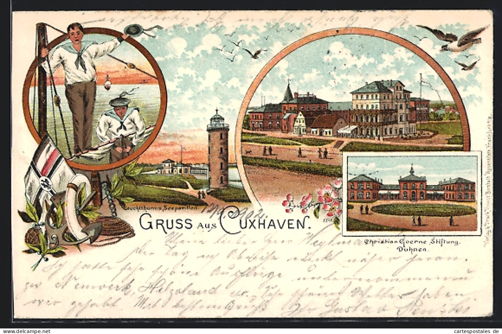 Lithographie Cuxhaven, Christian Goerne Stiftung, Matrosen An Deck, Flagge, Ortspartie  - Cuxhaven