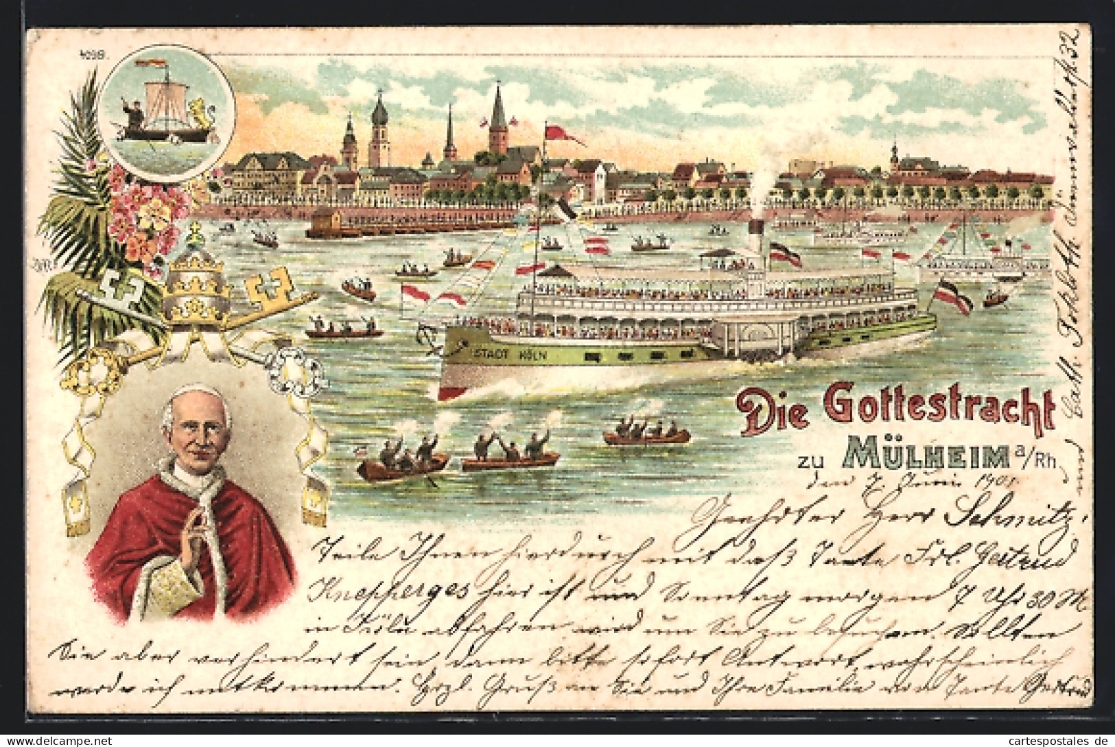 Lithographie Mülheim A. Rh., Die Gottestracht, Bischof, Stadtpanorama Mit Dampfschiff Stadt Köln  - Koeln
