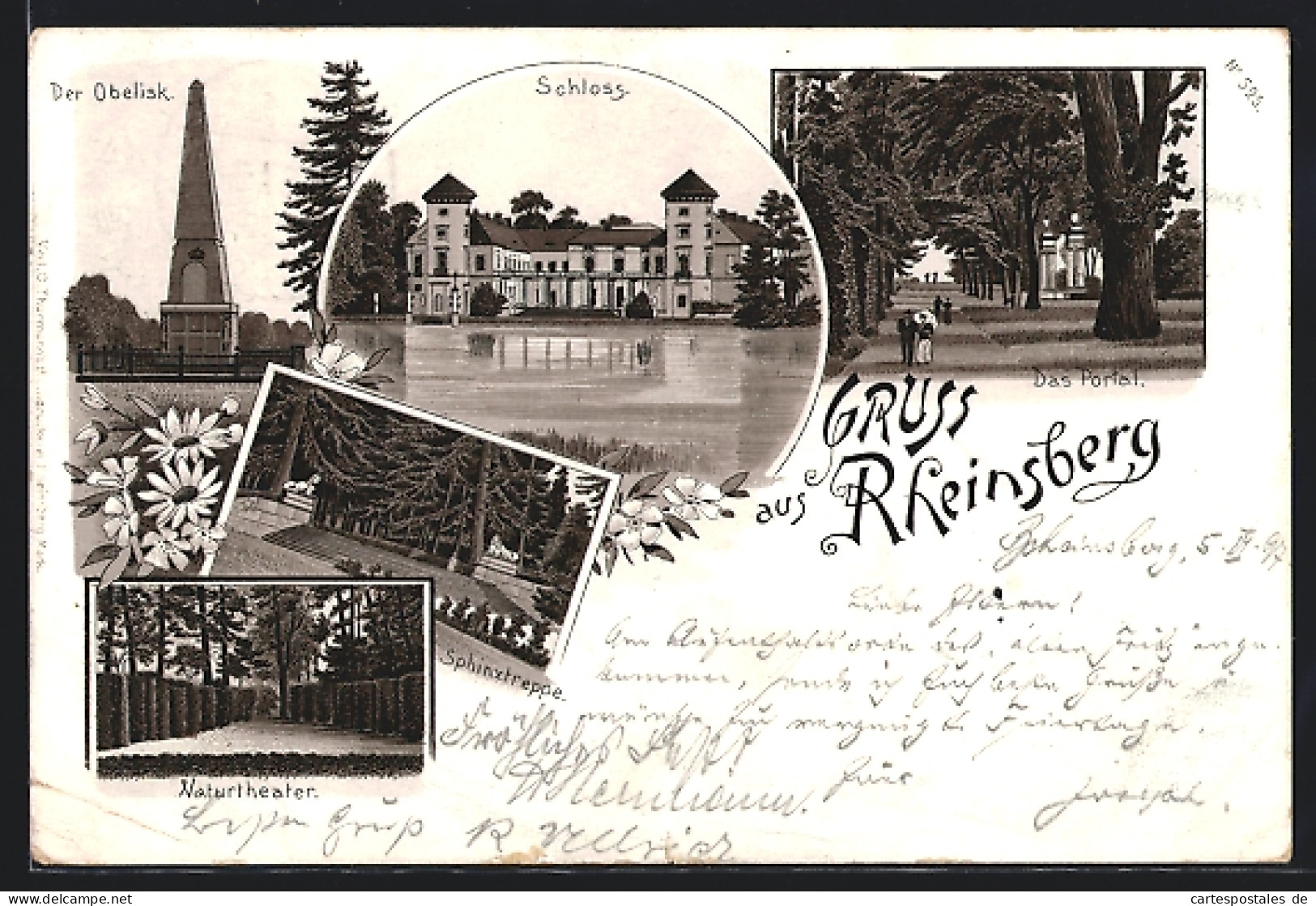 Lithographie Rheinsberg, Obelisk, Schloss Vom Wasser Aus, Portal Mit Strasse  - Rheinsberg