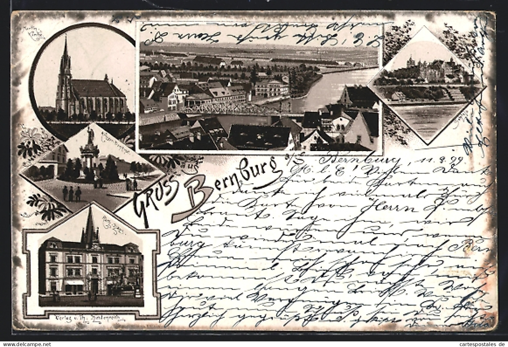 Lithographie Bernburg, Kriegerdenkmal, Rathaus, Teilansicht Mit Brücke  - Bernburg (Saale)