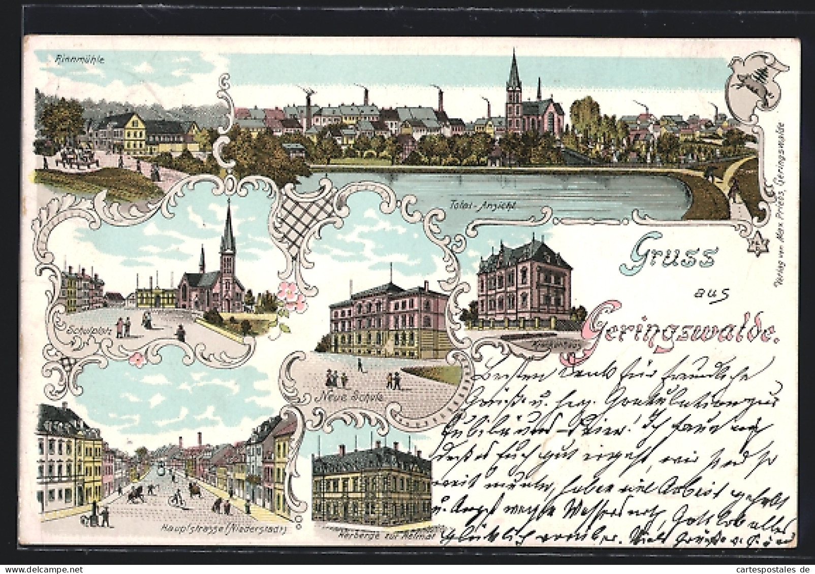 Lithographie Geringswalde, Rinnmühle, Hauptstrasse, Krankenhaus, Neue Schule, Schulplatz  - Andere & Zonder Classificatie