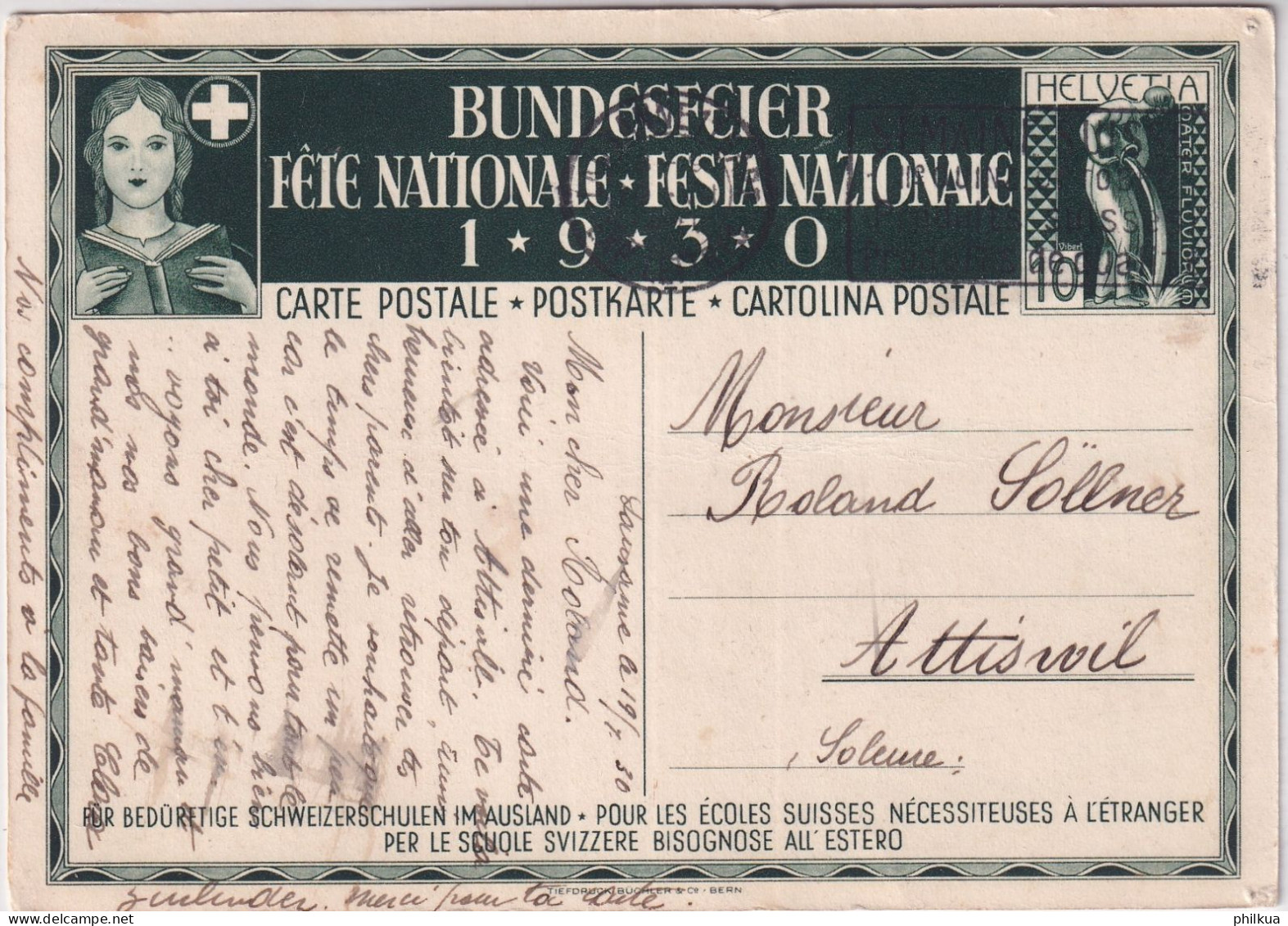 1930 Bundesfeierkarte Gelaufen Von LAUSANNE Nach Attiswil - Ganzsachen