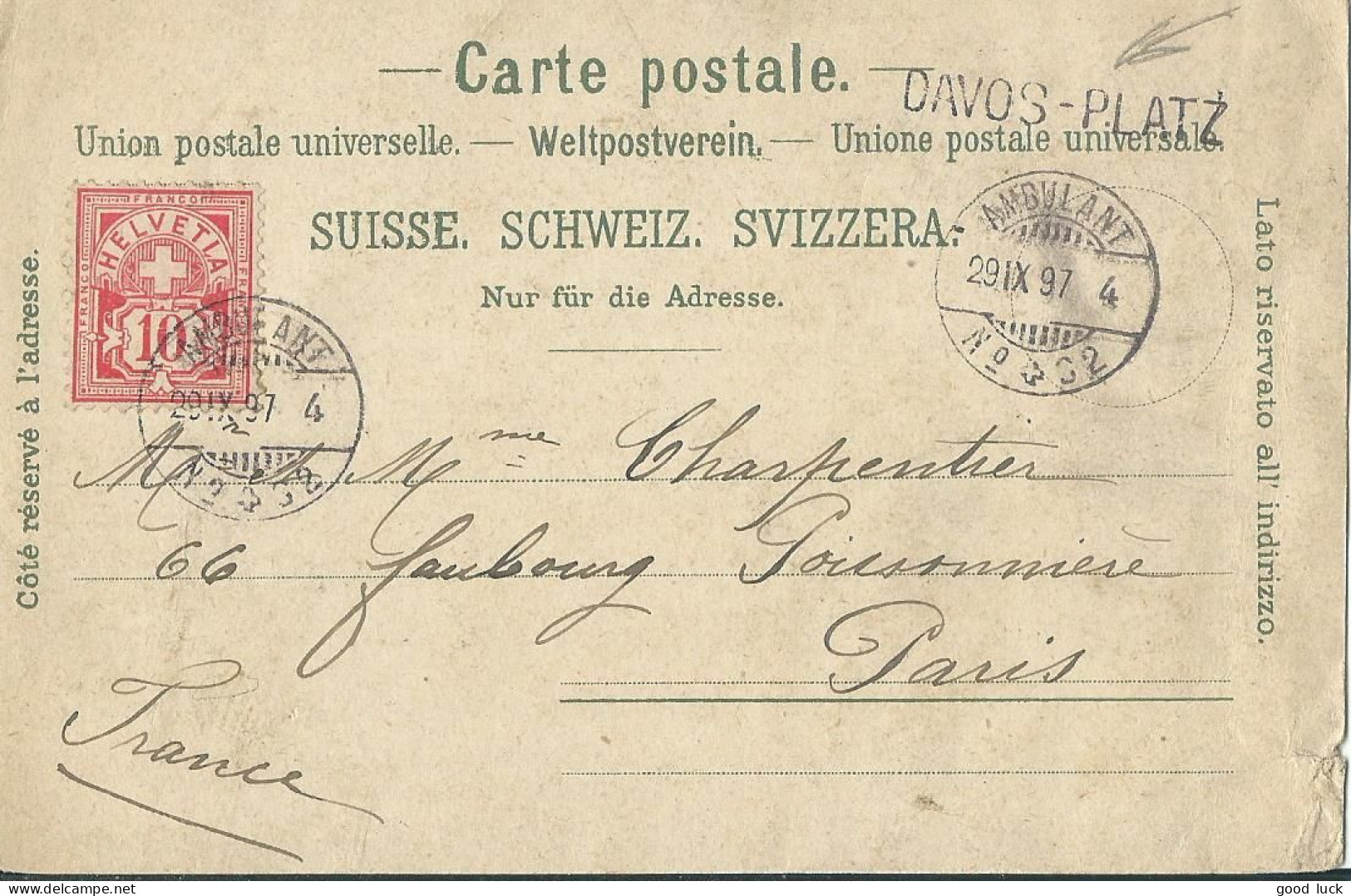 SUISSE  CARTE 10c  MARQUE LINEAIRE DAVOS-PLATZ + AMBULANT N° 32 POUR PARIS  DE 1897 LETTRE COVER - Storia Postale