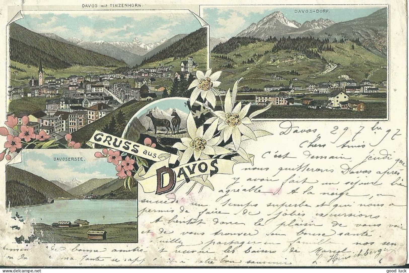 SUISSE  CARTE 10c  MARQUE LINEAIRE DAVOS-PLATZ + AMBULANT N° 32 POUR PARIS  DE 1897 LETTRE COVER - Storia Postale