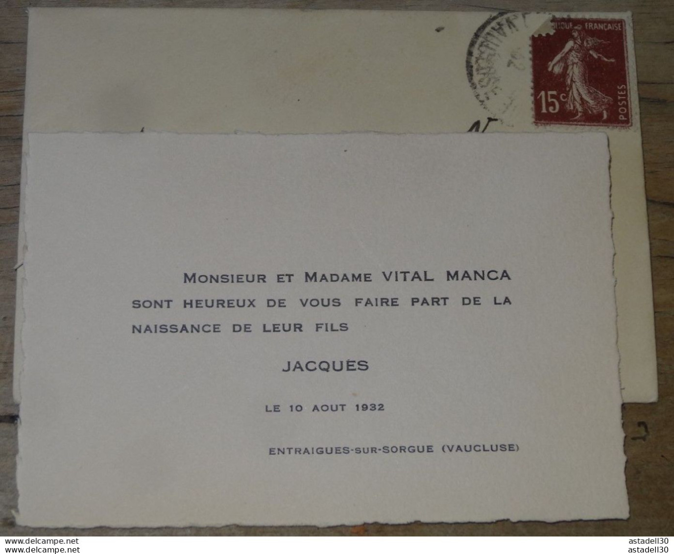 Faire Part Naissance Jacques VITAL MANCA En 1932 A ENTRAIGUES .... PHI ........14997-2 - Geburt & Taufe