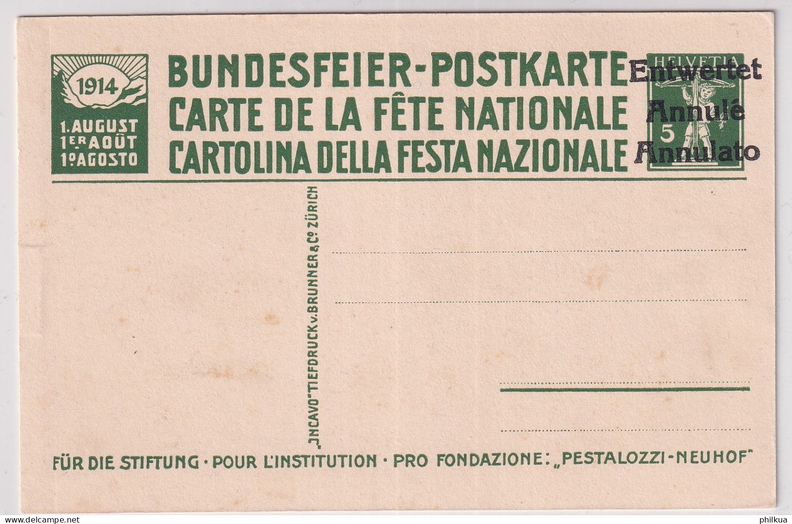 1914 Bundesfeierkarte Pestalozzi Und Sein Enkel Gottlieb - Ungelaufen - Emzertet - Annulé - Annulato - Ganzsachen
