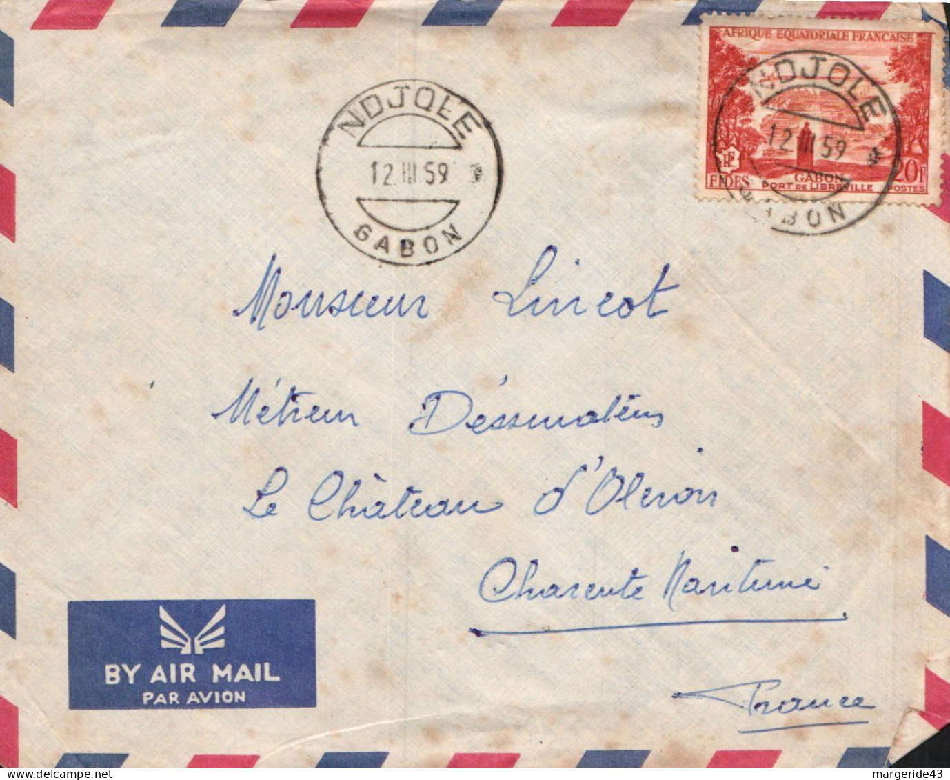 A E F SEUL SUR  LETTRE DE NDJOLE POUR LA FRANCE 1959 - Briefe U. Dokumente