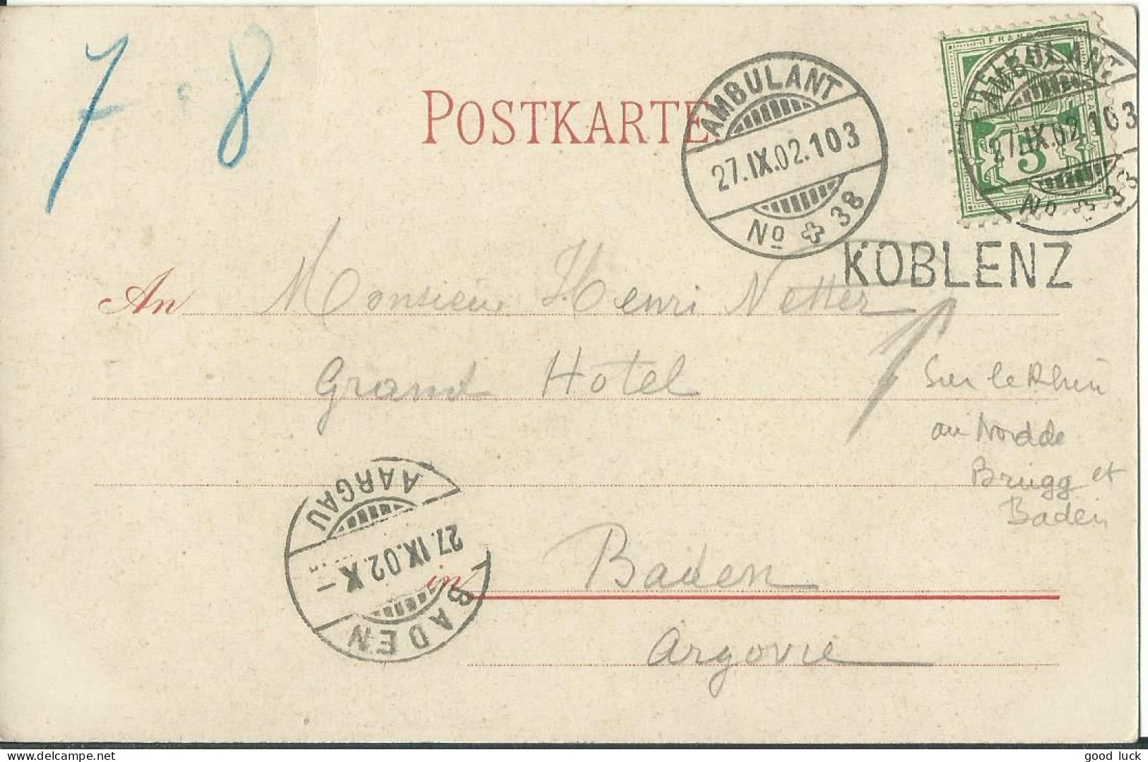 SUISSE  CARTE 5c  MARQUE LINEAIRE KOBLENZ  + AMBULANT N° 38 POUR BADEN  DE 1902 LETTRE COVER - Covers & Documents
