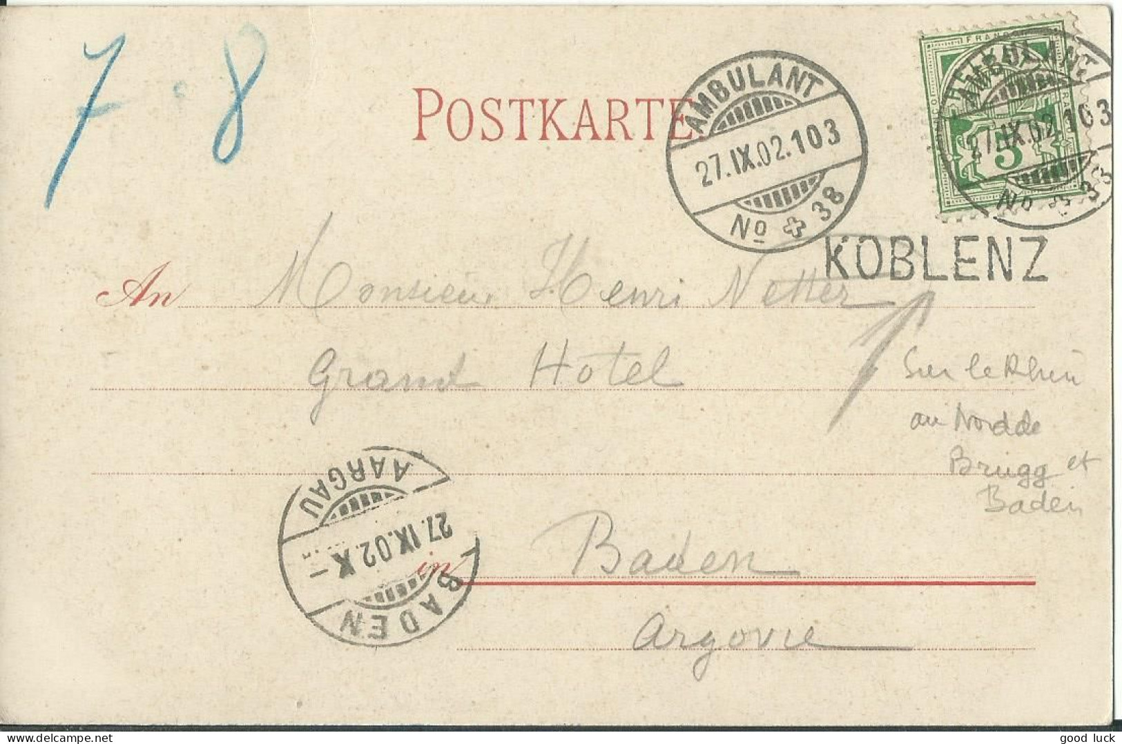 SUISSE  CARTE 5c  MARQUE LINEAIRE KOBLENZ  + AMBULANT N° 38 POUR BADEN  DE 1902 LETTRE COVER - Storia Postale