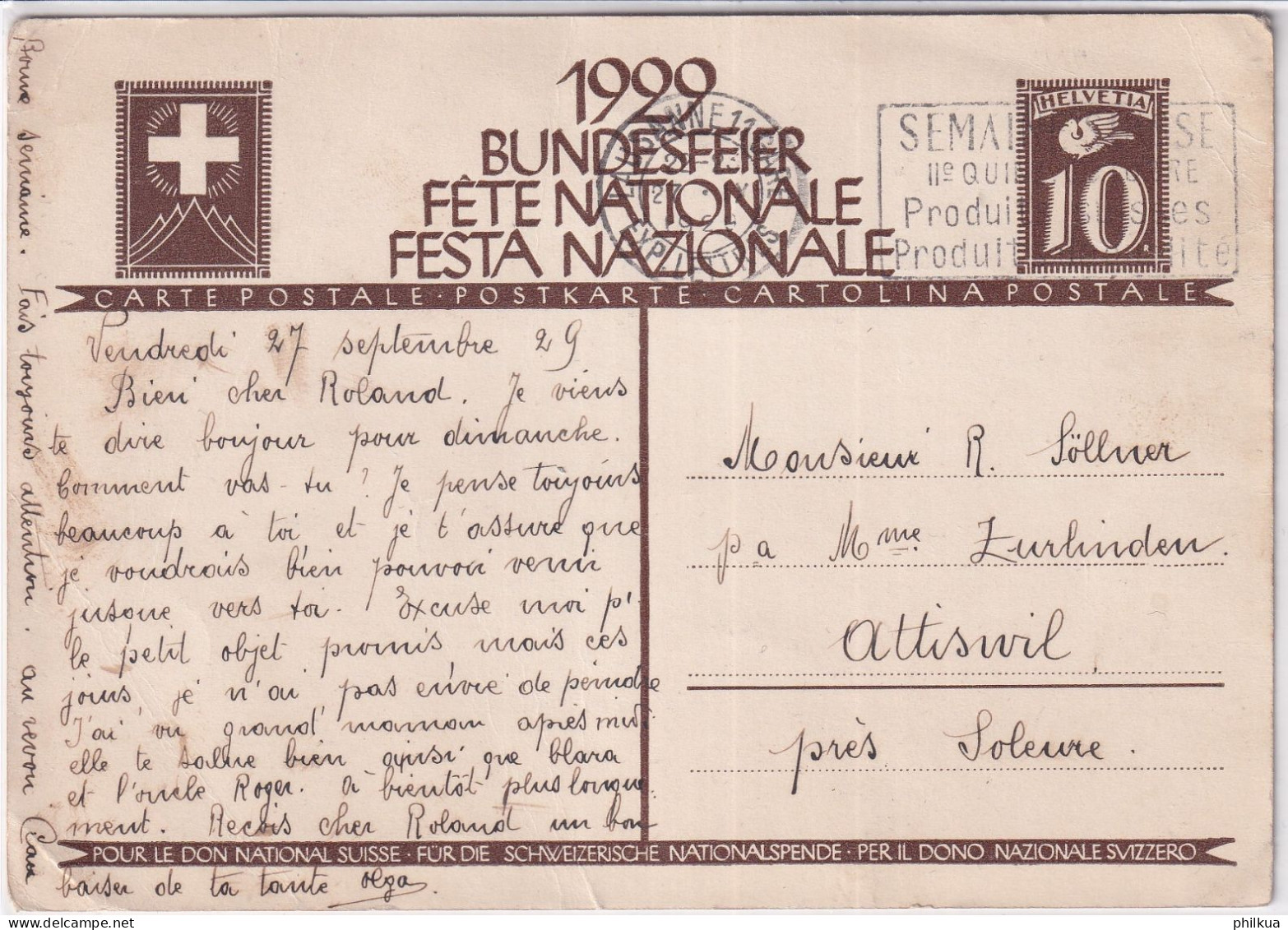 1929 Bundesfeierkarte - Gelaufen Ab Lausanne Nach Attiswil - Wehrmann Mit Familie - Ganzsachen