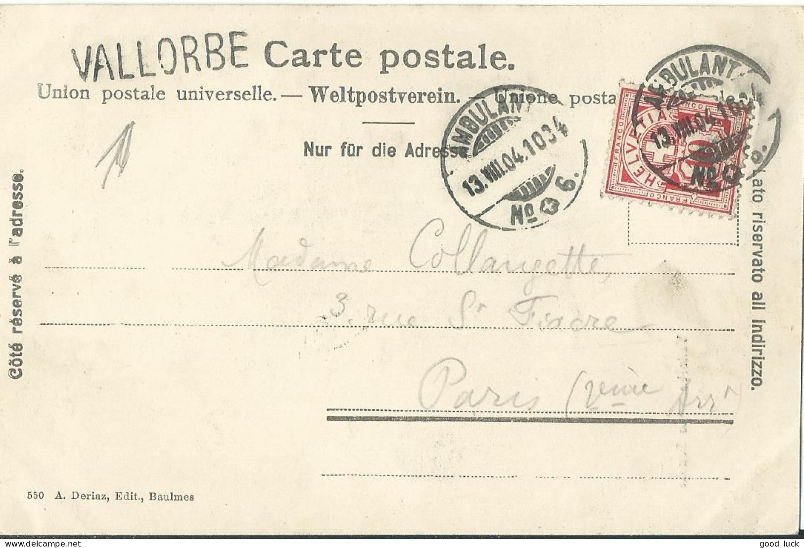 SUISSE  CARTE 10c  MARQUE LINEAIRE VALLORBE  + AMBULANT N° 6 POUR BADEN  DE 1904 LETTRE COVER - Lettres & Documents