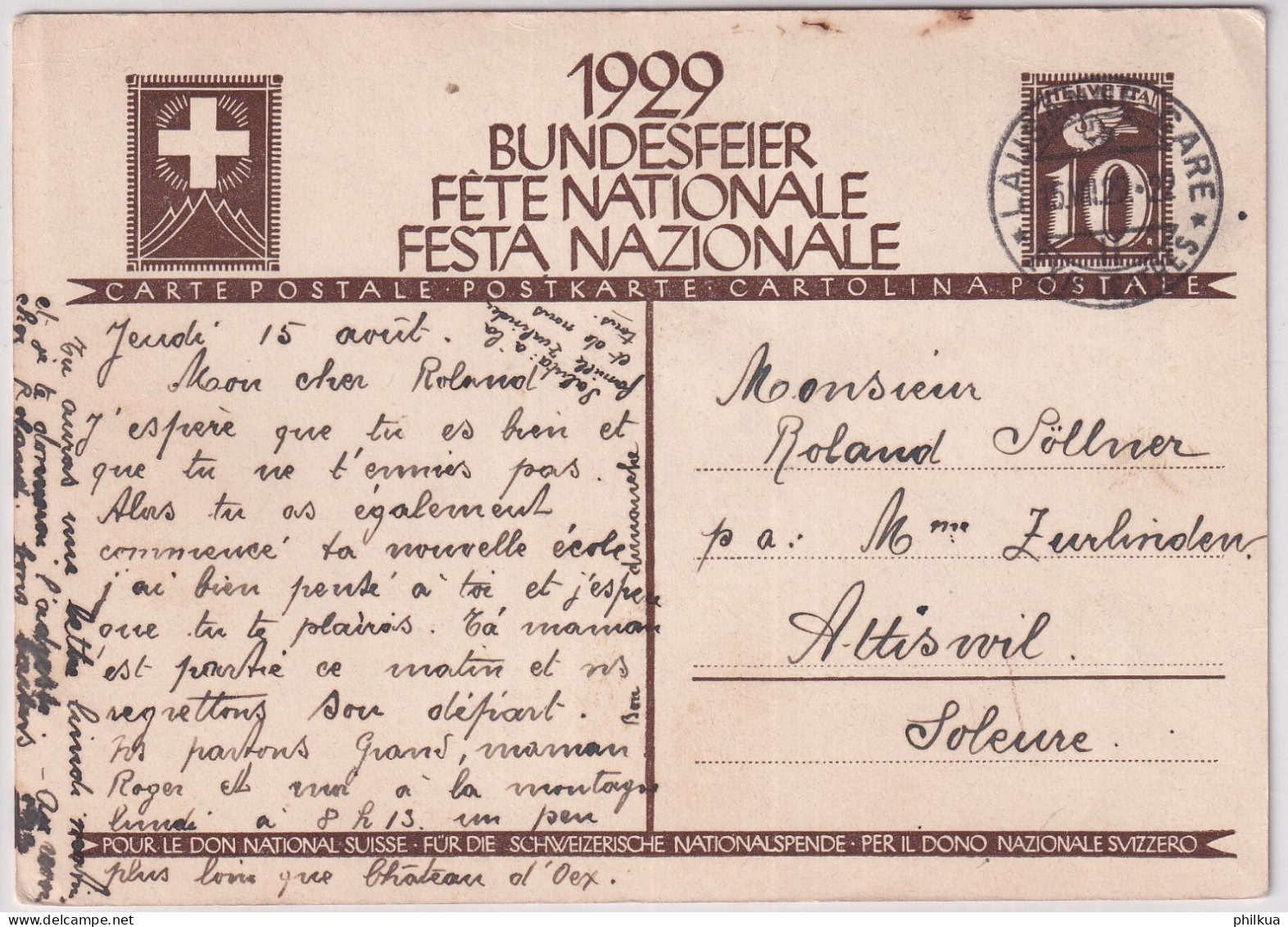 1929 Bundesfeierkarte - Gelaufen Ab Lausanne Gare Nach Attiswil - Fahnenaufzug - Ganzsachen