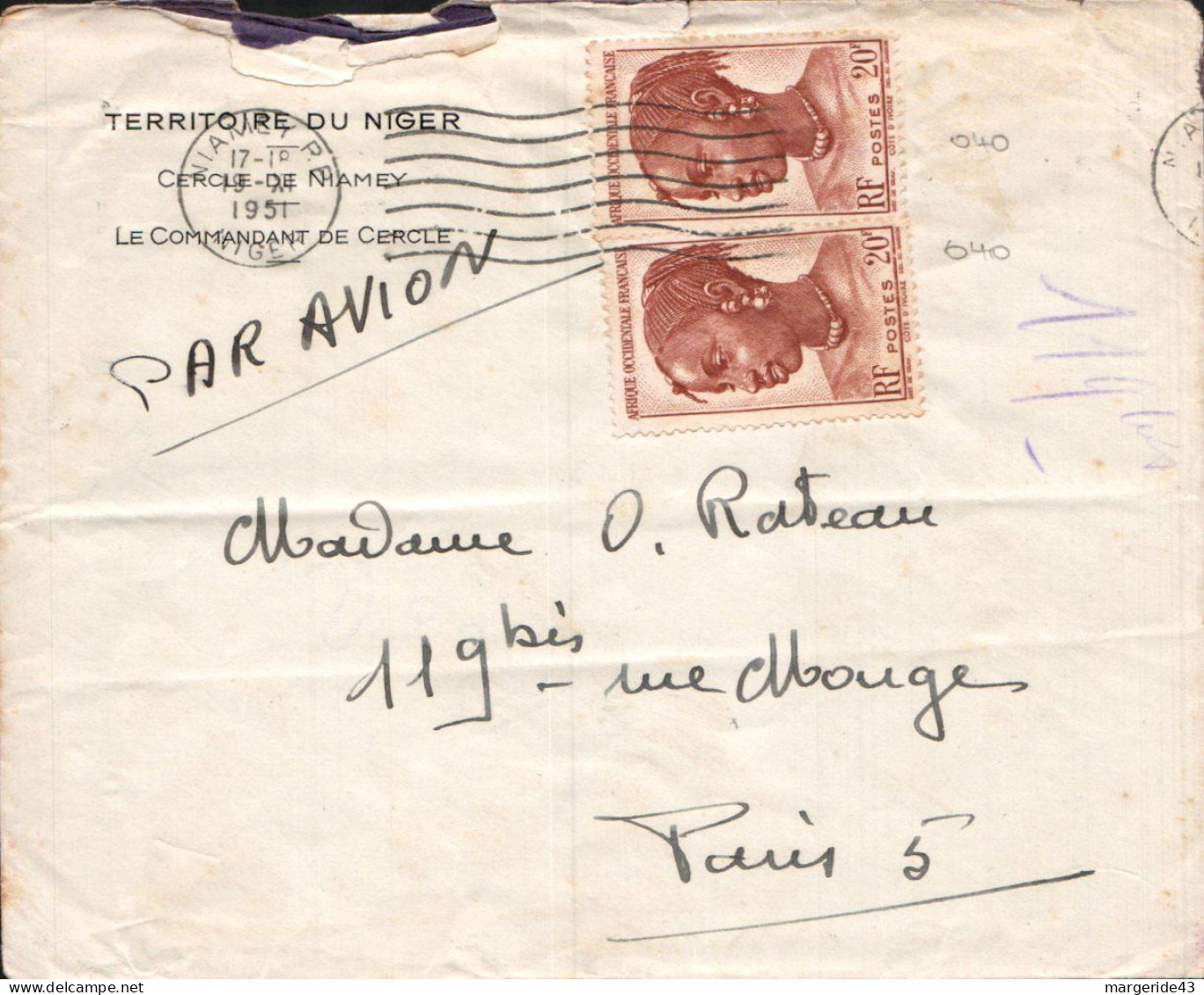 A O F AFFRANCHISSEMENT COMPOSE SUR  LETTRE DE NIAMEY 1951 - Cartas & Documentos