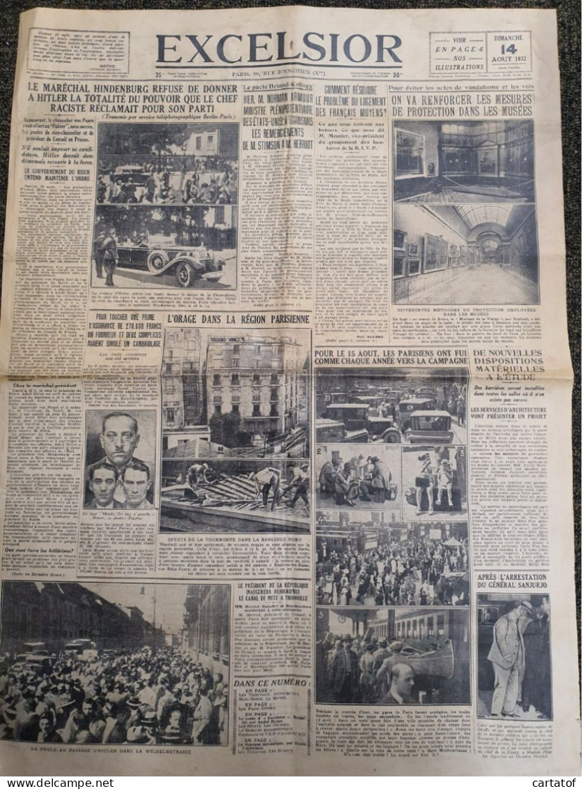 Journal EXCELSIOR . 14 Aout 1932 . HINDENBURG Et HOTLER ….Orage En Region Parisienne … - Autres & Non Classés