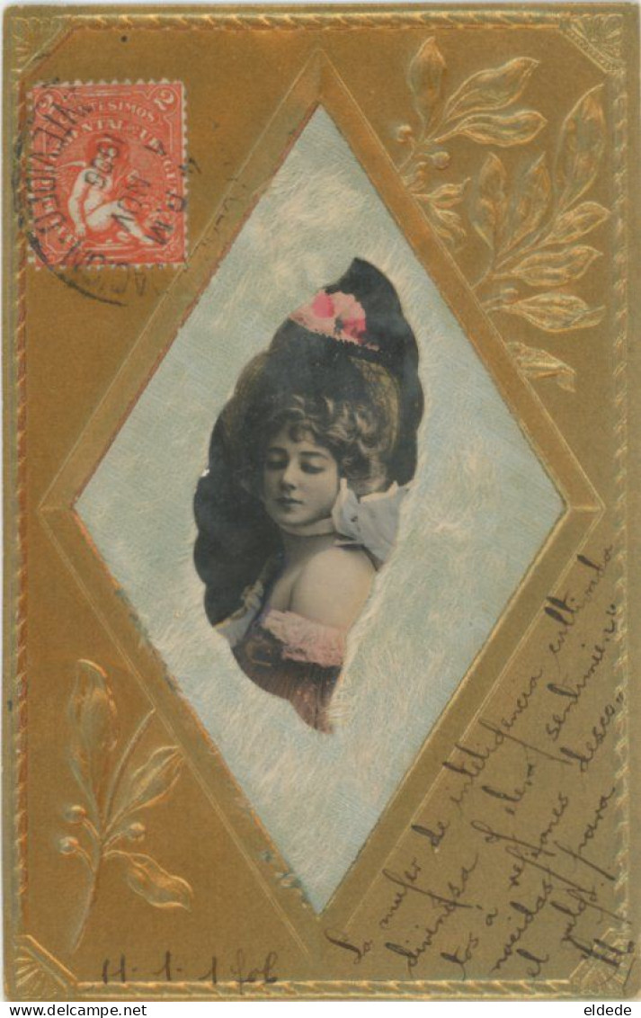 Art Nouveau Golden Embossed Card With Girl In A Velvet Cameo . Carte Or Velours Très Belle - Vor 1900