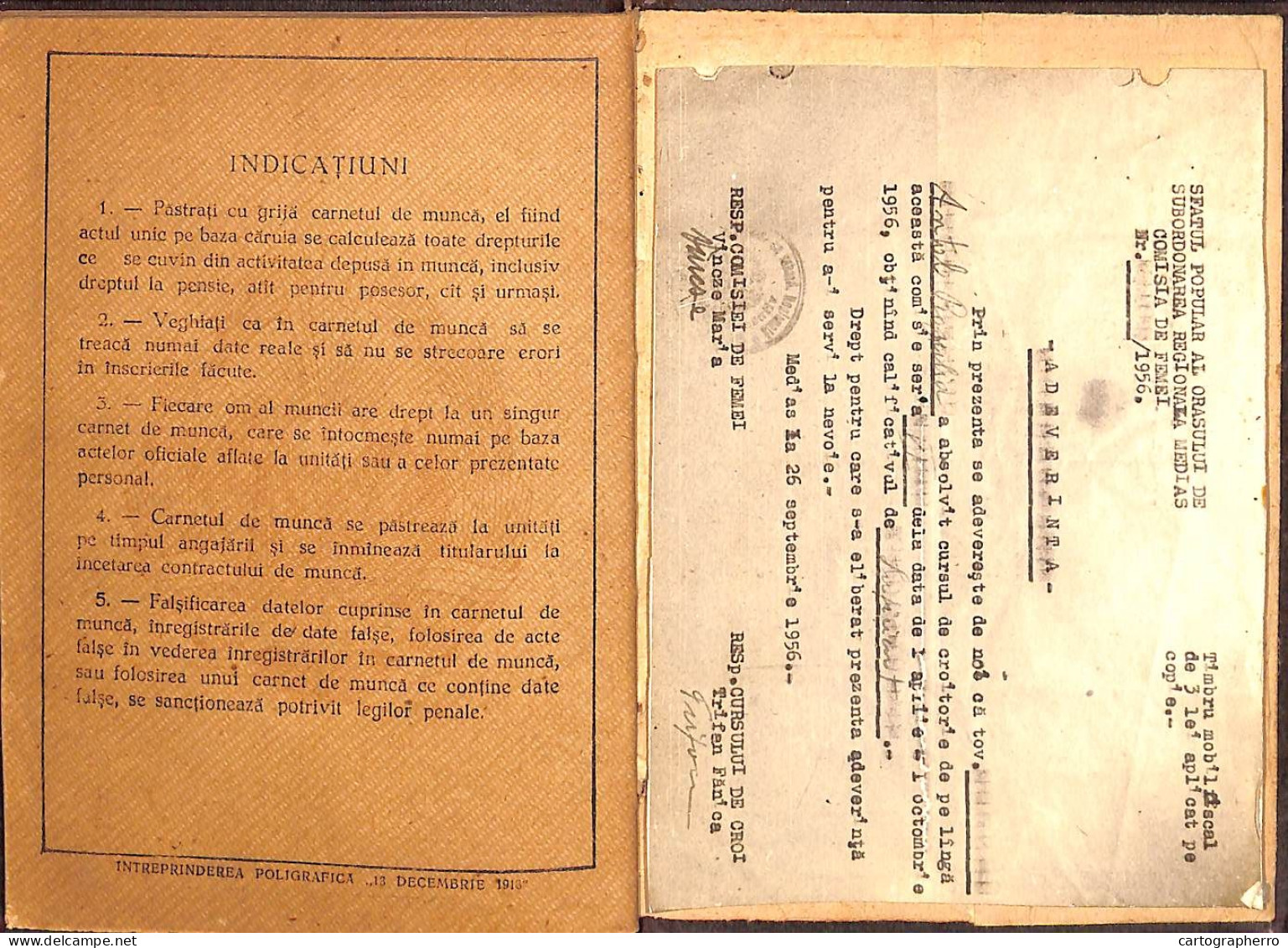 Romania Carnet De Munca RPR Medias - Documents Historiques