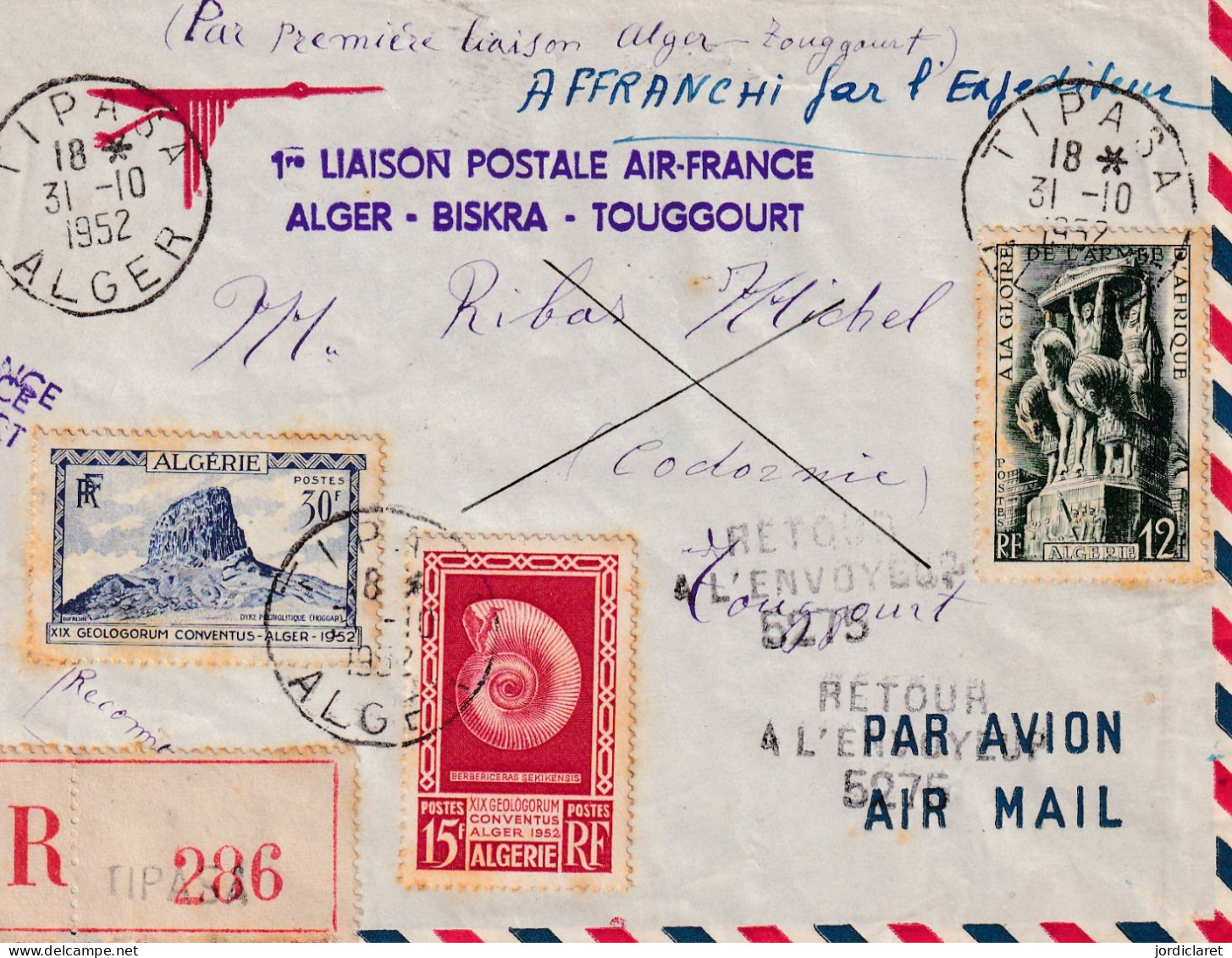 FIRST FLIGHT 1952  RECOMANDEE TIPASA  ALGER-BISKRA-TOOGOURT - Brieven En Documenten