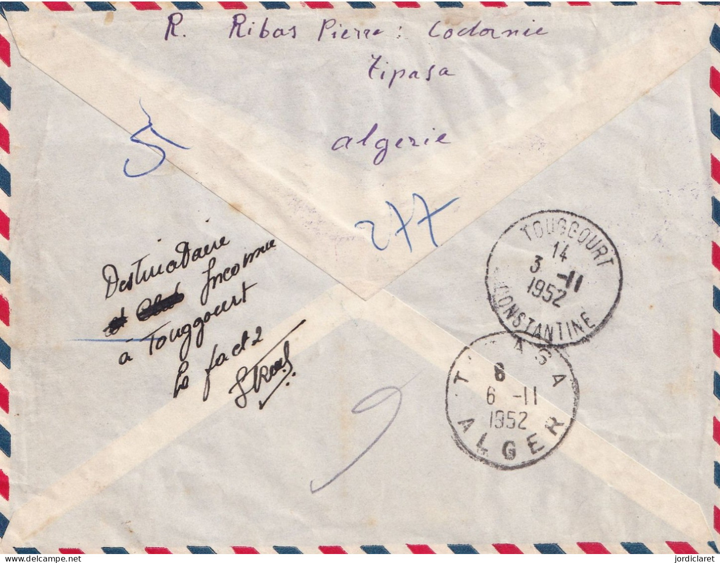 FIRST FLIGHT 1952  RECOMANDEE TIPASA  ALGER-BISKRA-TOOGOURT - Brieven En Documenten