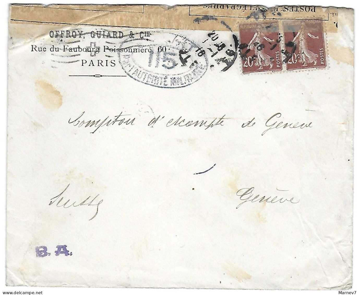 Lettre De PARIS à GENEVE Cad Du 20 1 1916 - Censurée - Ouvert Par L'Autorité Militaire 115 - B.A. - - Cartas & Documentos