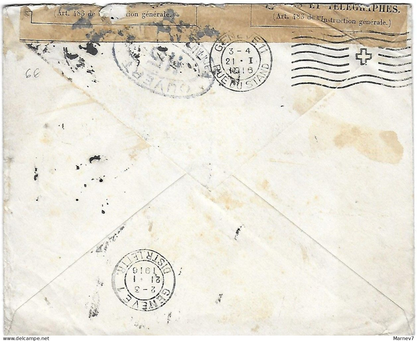 Lettre De PARIS à GENEVE Cad Du 20 1 1916 - Censurée - Ouvert Par L'Autorité Militaire 115 - B.A. - - Cartas & Documentos