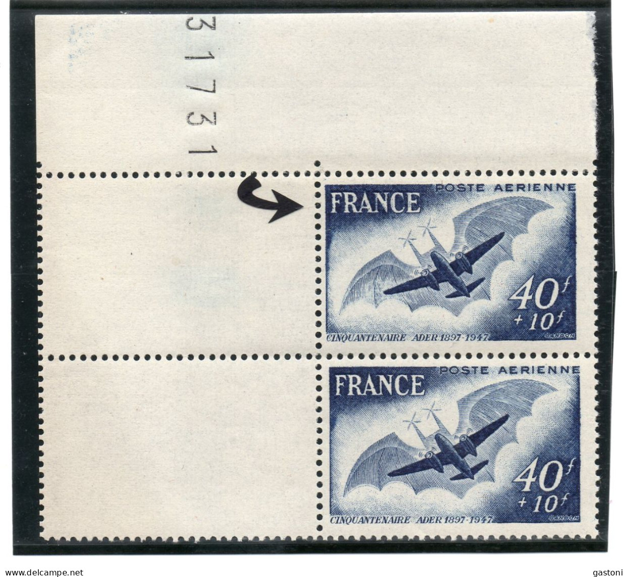 Cinquantenaire Du 1er Vol  Avion D'Ader ( France Hachurée Tenant à Normal **) - 1927-1959 Postfris